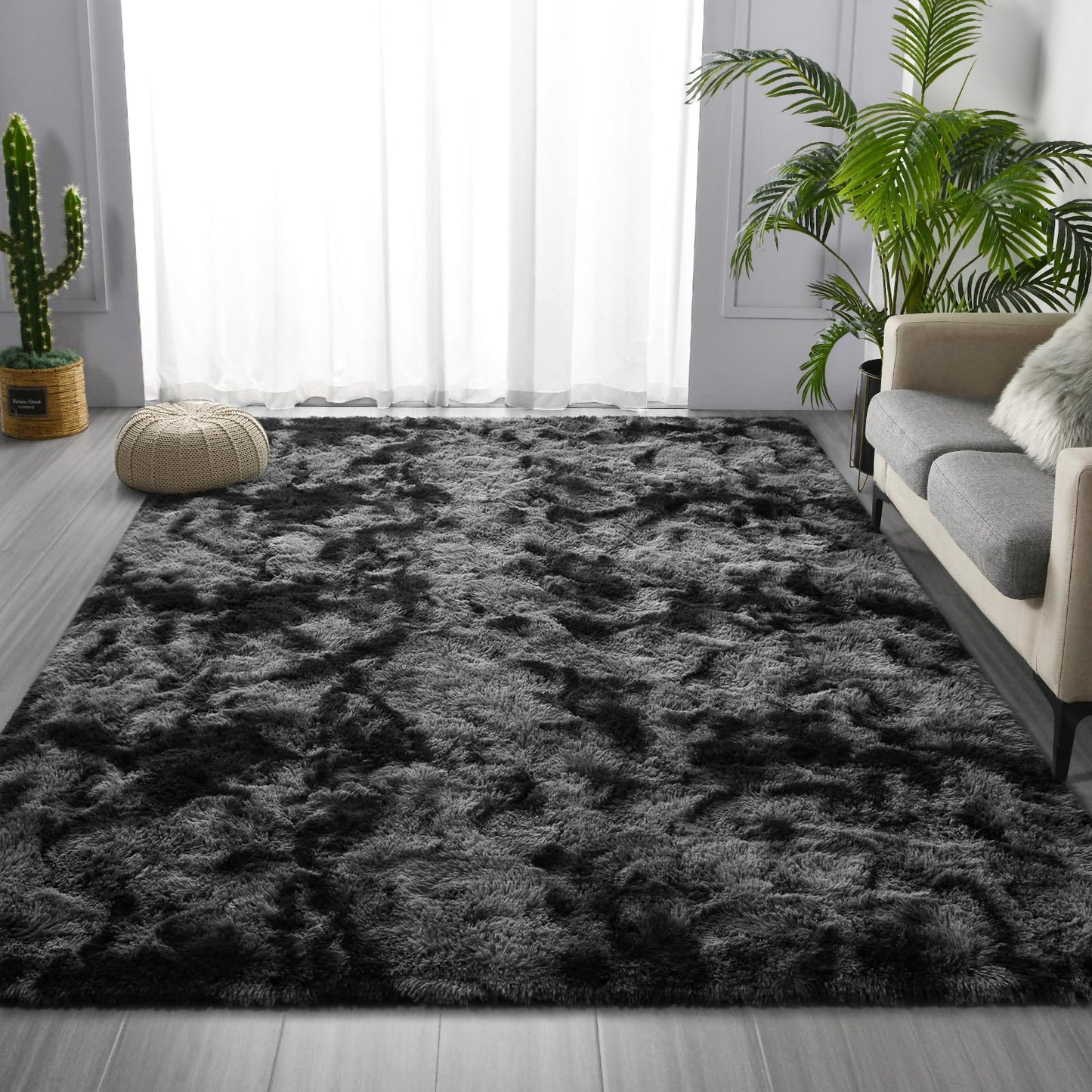 Deerhoo Shag Area Rug, 4 X 6 Tie-Dyed Plush Fuzzy Rugs for Living Room, Ultra Soft Fluffy Furry Rug for Bedroom, Indoor Carpet Nursery Rugs for Kids Room Home Decor, Dark Grey