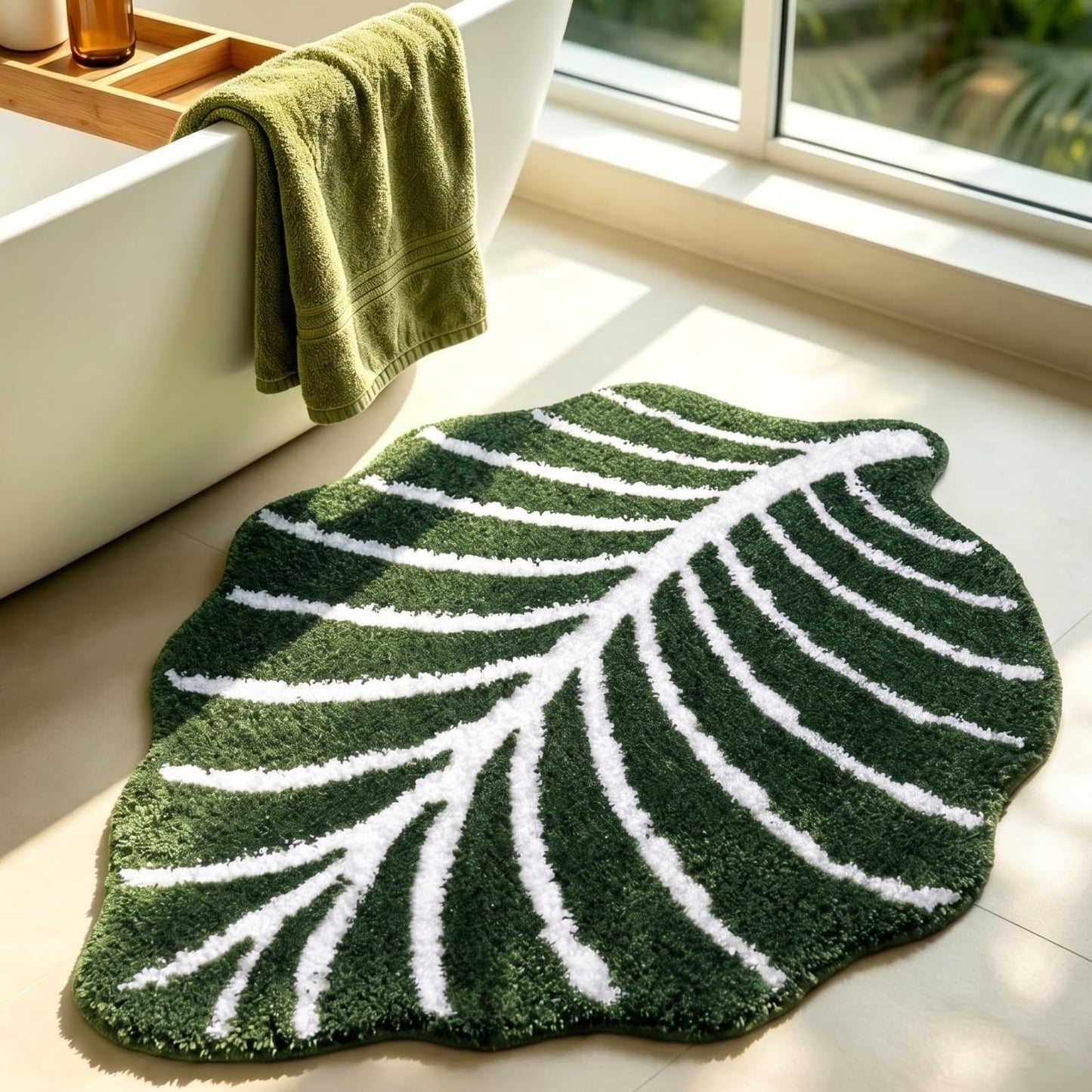 WENBOER Tropical Monstera Leaf Bath Rug, Soft Plush Botanical Bathroom Mat with Non Slip Backing, Absorbent Green Bathroom Decor for Cozy Home Styling, 24x32 Inch