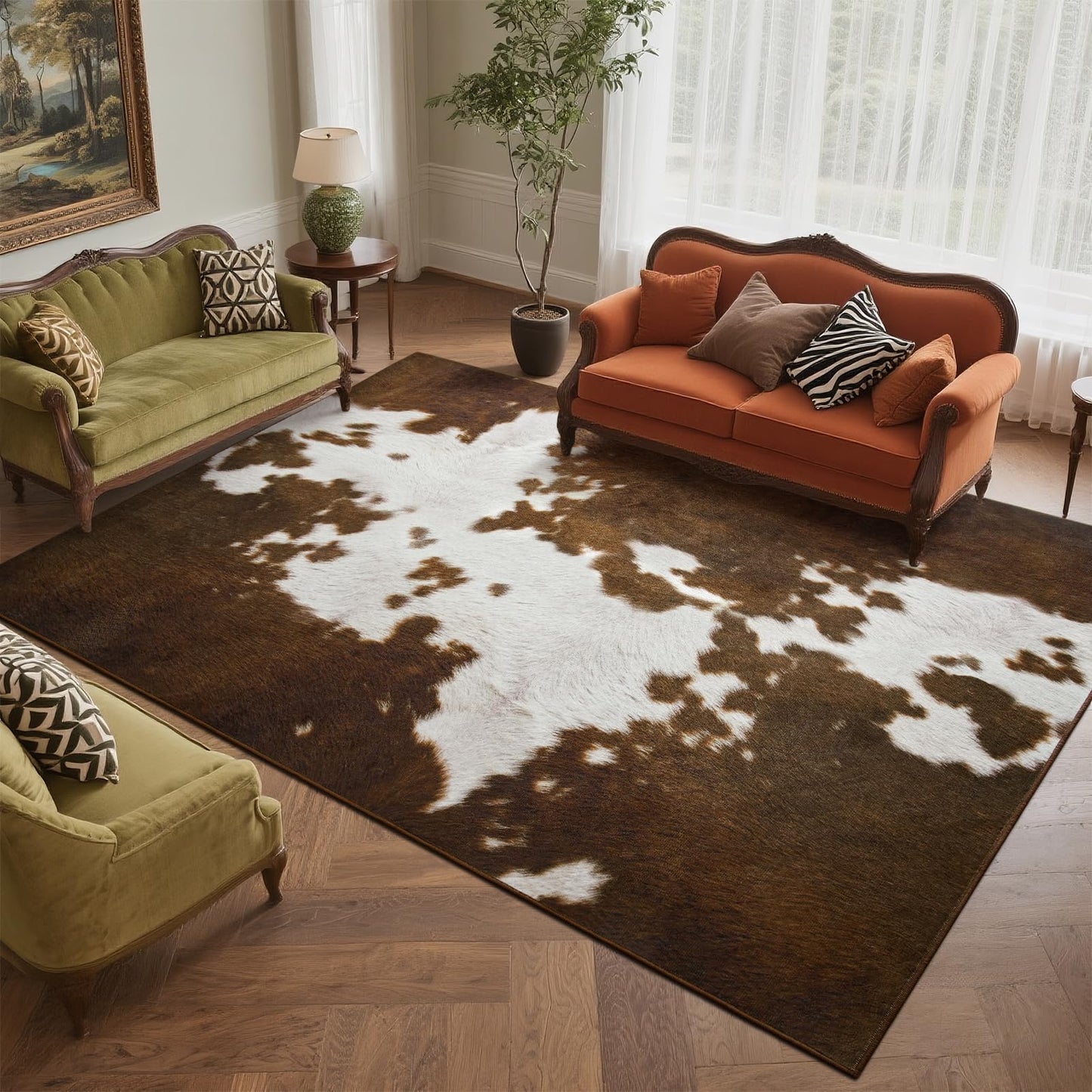 DweIke Cow Print Rugs for Living Room, 4x6 Soft Faux Animal Cowhide Area Rug, Washable Non-Slip Stain Resistant Throw Carpet for Dining Room Office Western Home Decor, Light Brown