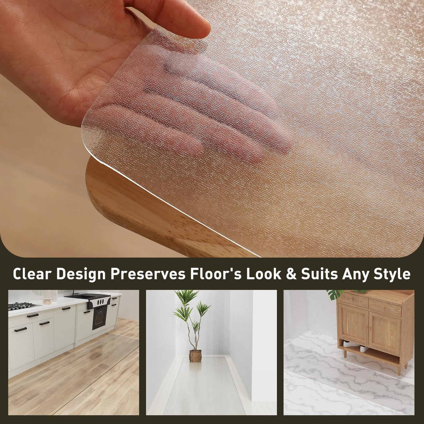 2'x20' Vinyl Runner Rug for Hallway, Clear Waterproof Kitchen Mat for Floor, Non-Slip Plastic Floor Mat for Entryway, Easy Clean Durable Area Mat for Bedroom, Laundry Room