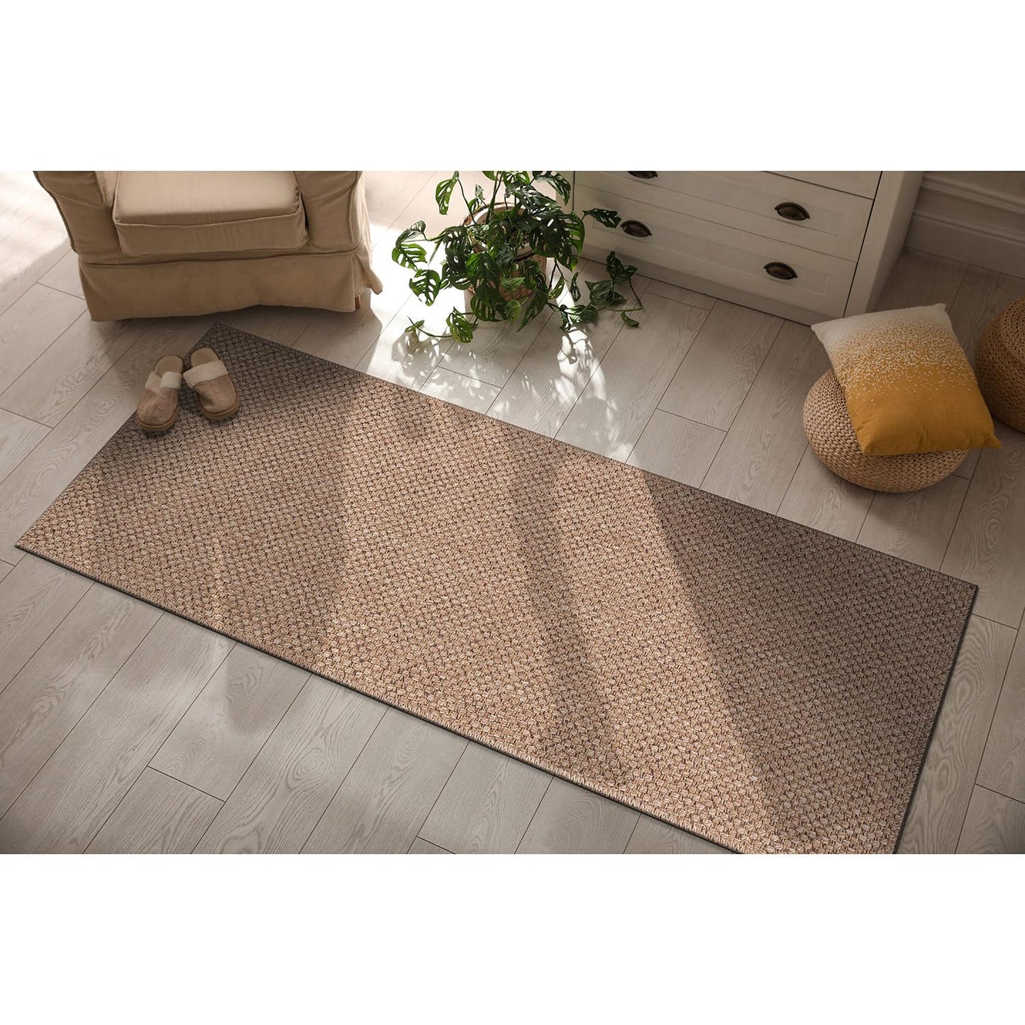 CAMILSON Indoor and Outdoor Runner Rug Natural Solid Boho Woven Design Easy-Cleaning Non Shedding Farmhouse Living Room Bedroom Garden Patio and Kitchen Washable Outside Carpet Alfombras (2x7)