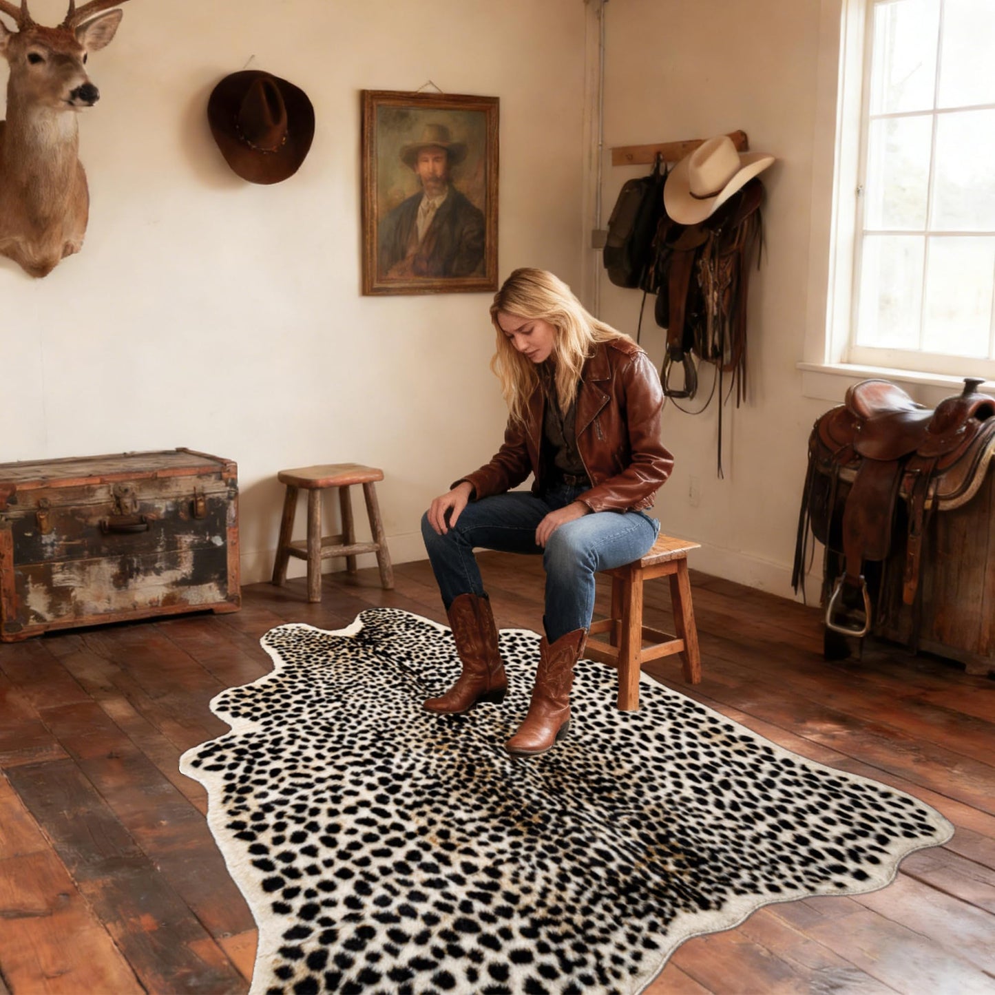 Mibathni Leopard Print Rug, Cheetah Rug 4.6x5.8ft Faux Animal Print Skin Leopard Area Rug for Bedroom Living Room Home Office Western Decor