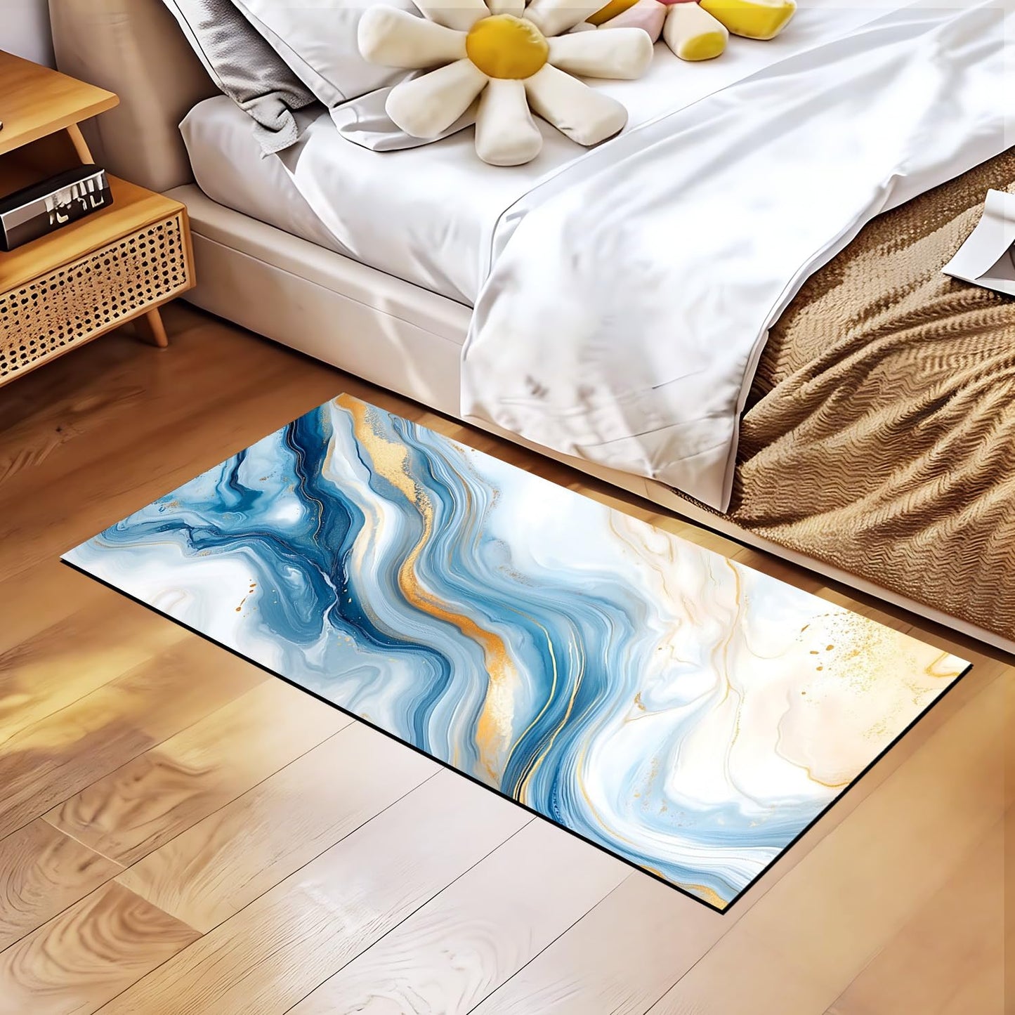 Needa One Kitchen Mat 19.7 x 47.2 Inch Non Slip Kitchen Runner Rug Blue Gold Marble Long Floor Mat for Sink Laundry Hallway Decor