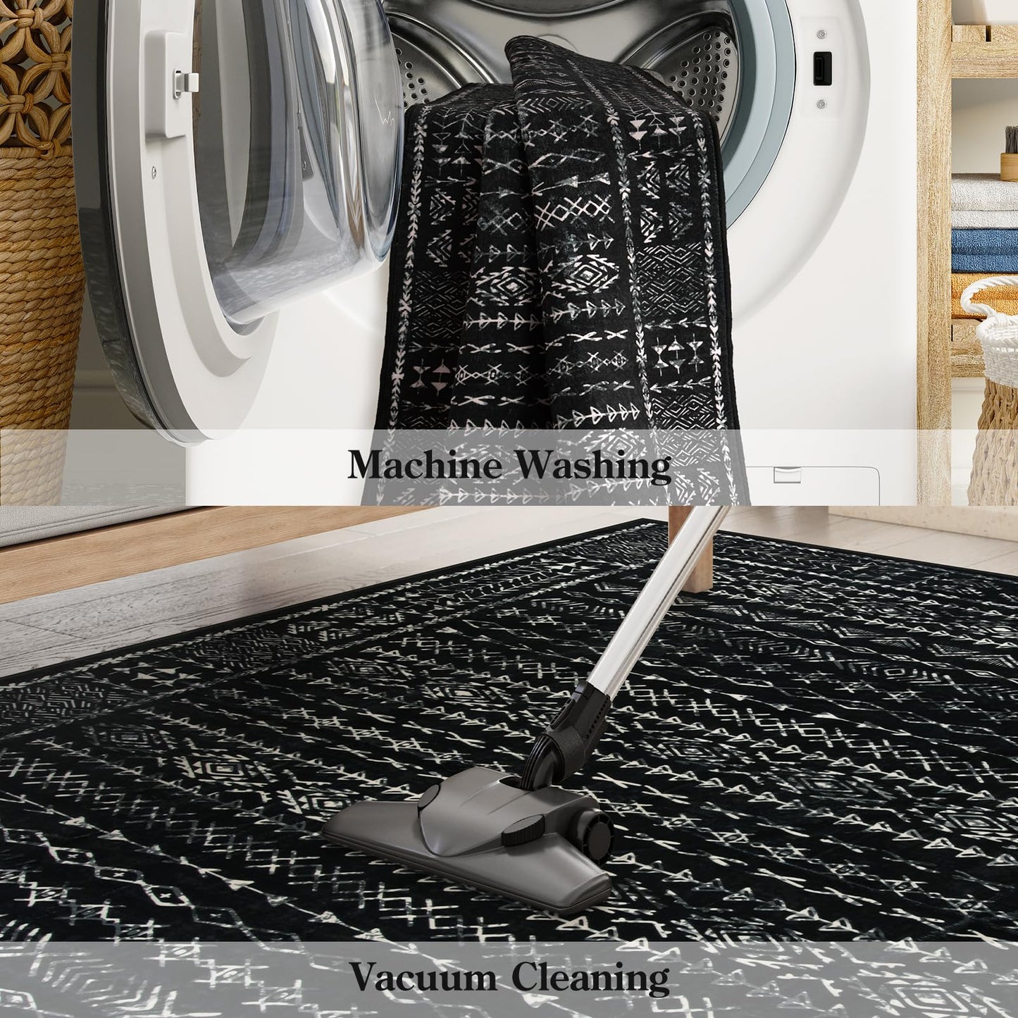 Zealude Boho Black and White 5x7 Area Rugs for Living Room, Large Washable Rug for Bedroom Dining Room, Moroccan Geometric Distressed Throw Carpet for Entryway Kitchen Playroom Office(5 x 7,Black)