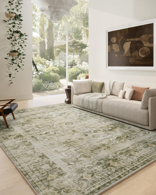 Area Rugs 9x12 Living Room: Washable Bedroom Rug Non Slip Low Pile Soft Faux Wool Non Shedding Distressed Vintage Boho Large Carpet for Dining Room Under Table Kitchen Nursery Entryway Office Indoor