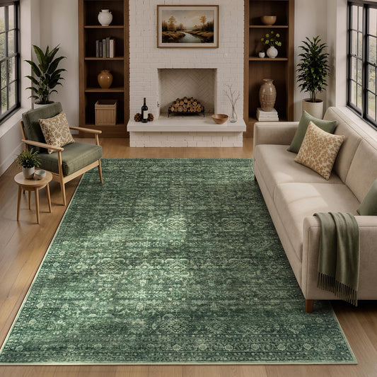 Carpelux Green Living Room Rug 6x9, Washable Non-Slip Soft Area Rugs for Bedroom Dining Room Nursery, Vintage Boho Floral Carpets for Kitchen Laundry Room Home Office