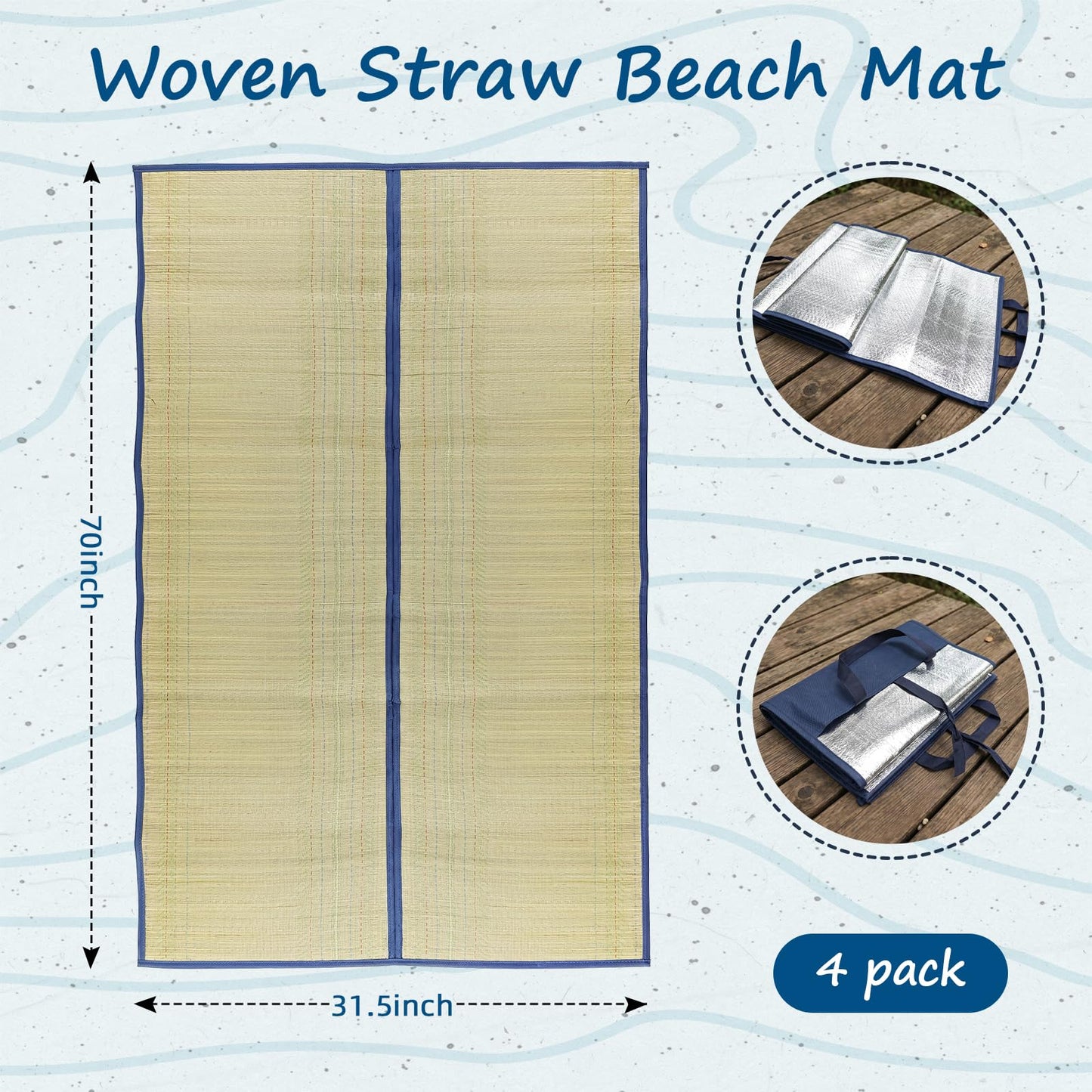 UCandy 4 Packs Natural Straw Beach Mat, 31.5" x 70" Waterproof Foldable Lightweight Picnic Mat with Trim for Camping Sunbathing Floor Yoga Outdoor Activities
