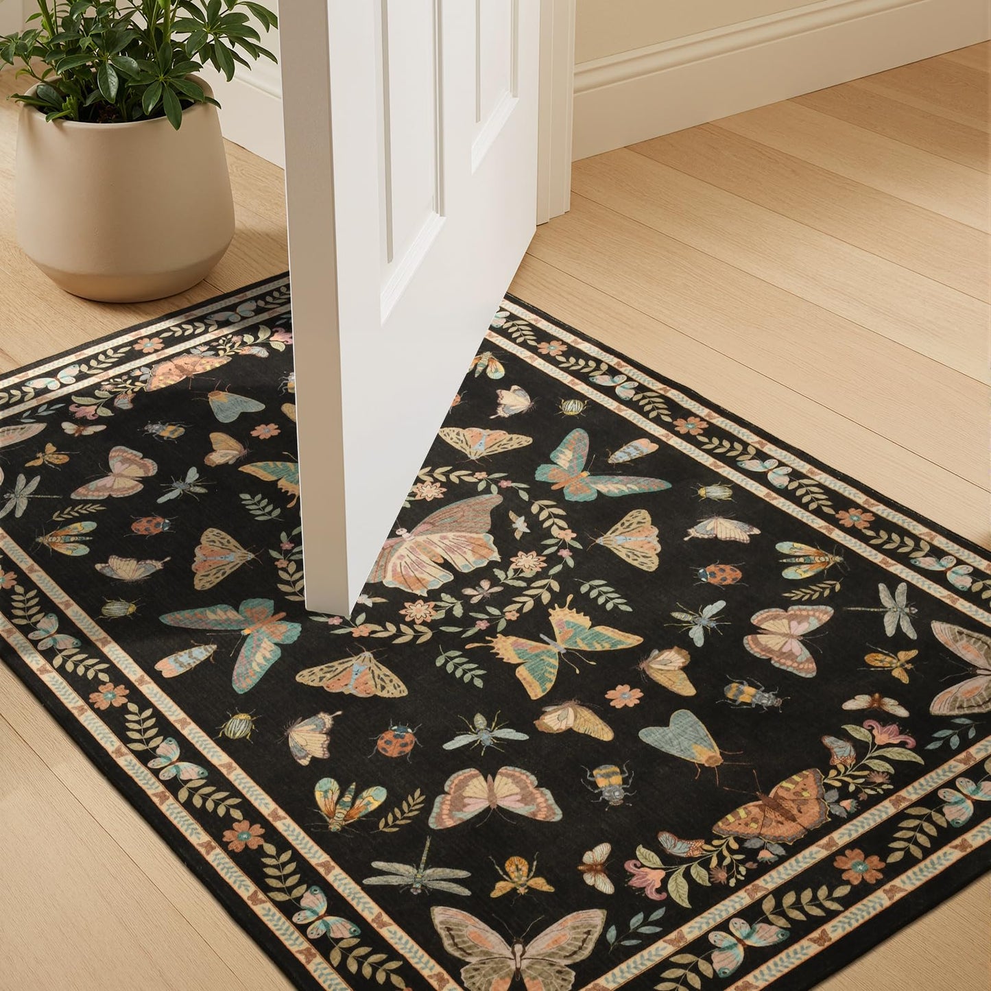 Unirea 2x3 Small Black Washable Area Rug, Door Mat Indoor Entrance Insect Rug, Non Slip Thin Area Rugs, Soft Boho Bug Entryway Rug for Kitchen, Bathroom, Bedroom, Laundry Room, Low Pile Carpet