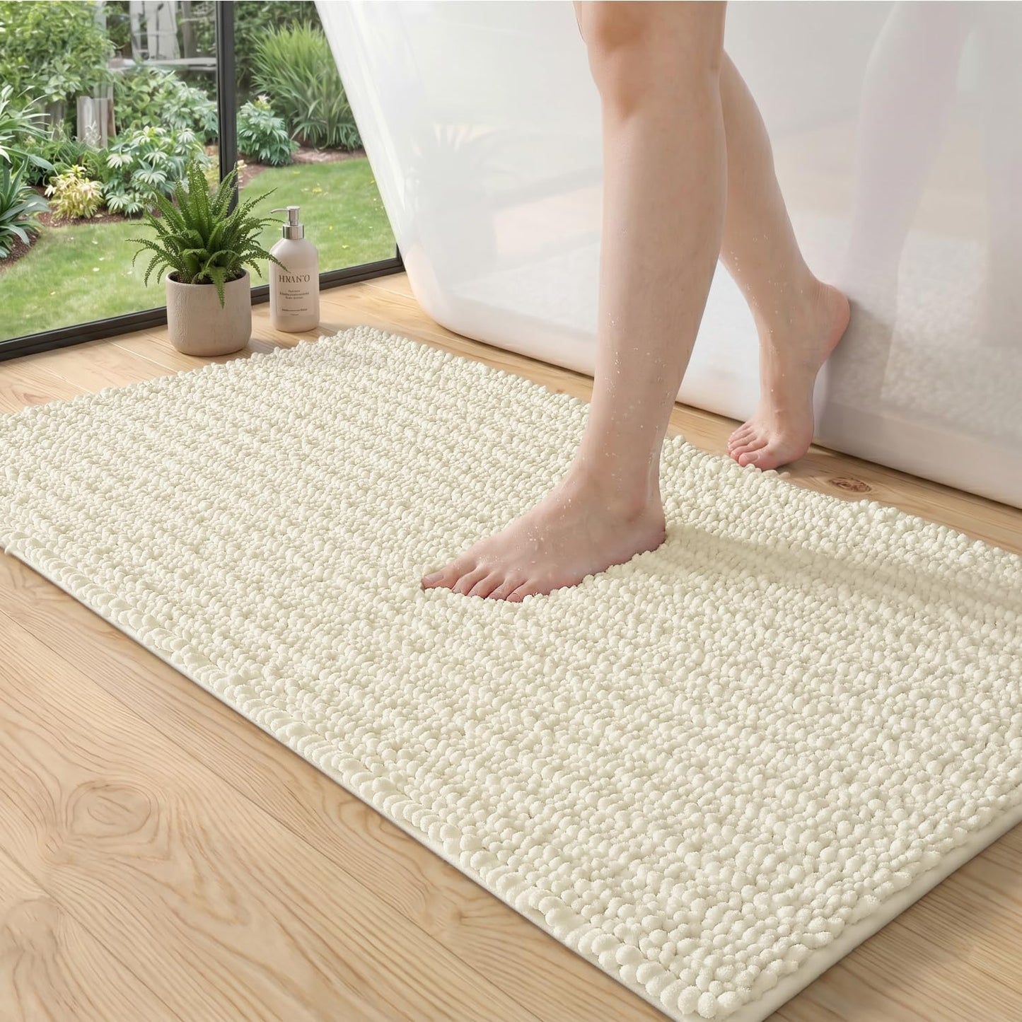 DEXI Bathroom Rugs 24x43, Super Soft Thick Chenille Absorbent Bath Mat, Non Slip Machine Washable Fluffy Shag Bathmat for Tub, Shower Floor, Ivory