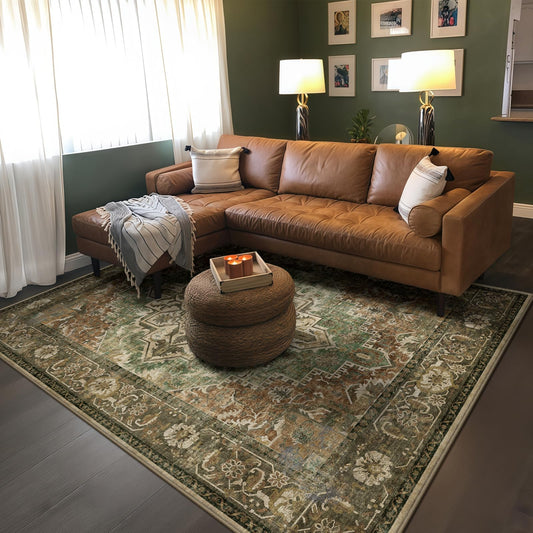 5x7 Machine Washable Area Rug for Living Room, Brown Green Boho Vintage Floral Rug Large Non-Slip Low Pile Soft Faux Wool Carpet, Kids and Pets Friendly for Bedroom Dining Room Farmhouse Decor Rug