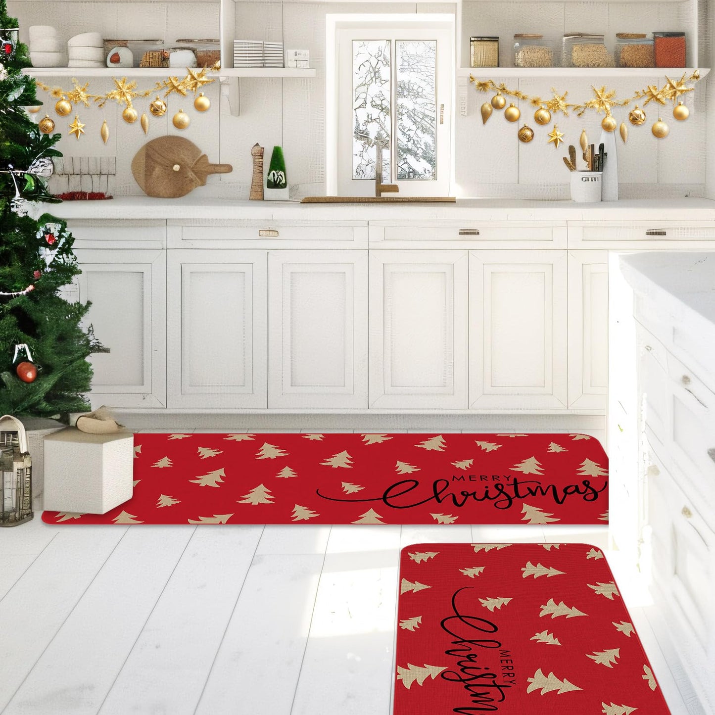 FYSUIMU Christmas Kitchen Rugs Set of 2 Merry Christmas Kitchen Mat Floor Mats Non-Slip Red Beige Xmas Tree Door Rugs for Xmas Winter Holiday Home Decor, 17 x 29 in, 17 x 47 in
