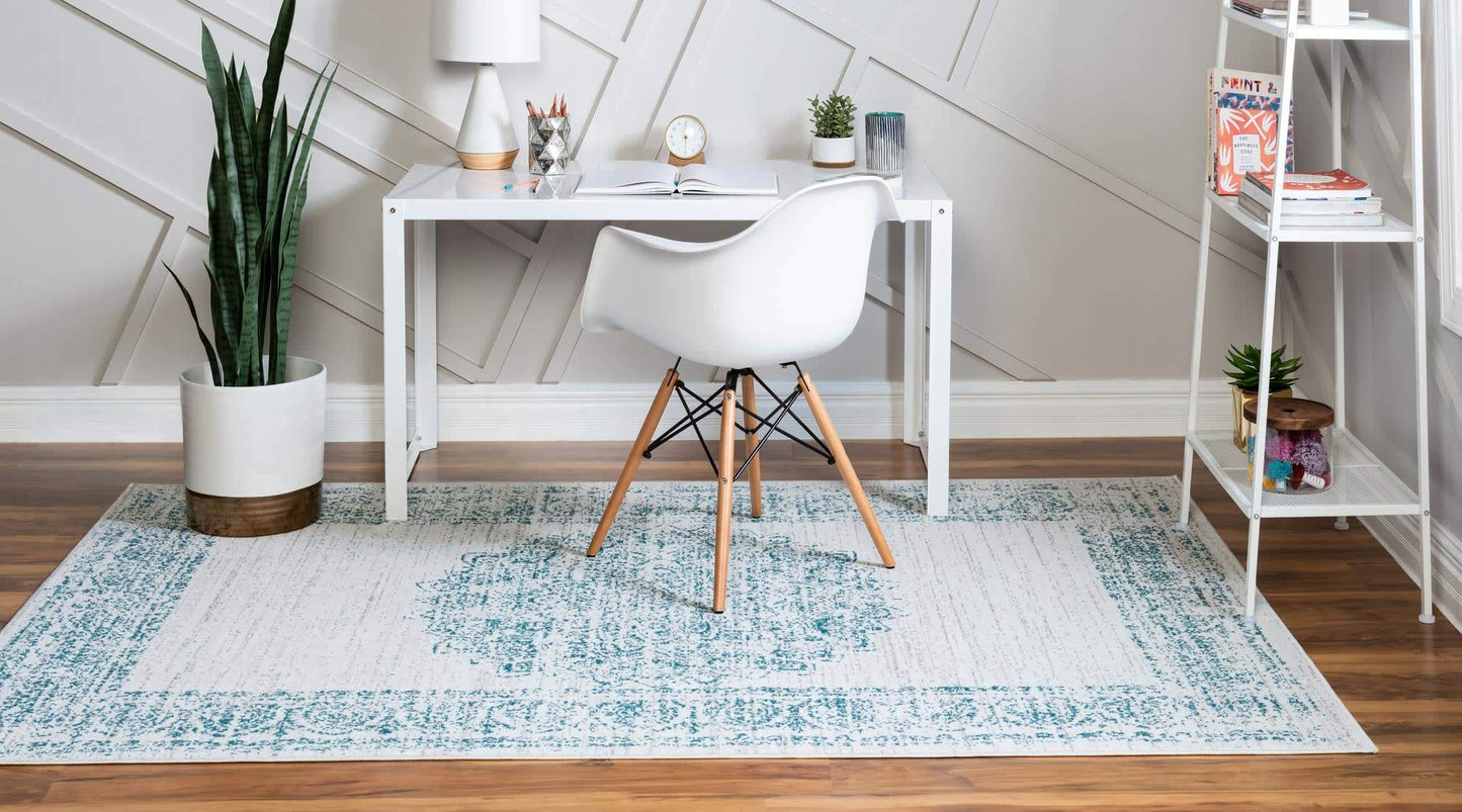 Unique Loom Aarhus Collection Vintage Border Area Rug (8' 0 x 10' 0 Rectangular, Cream/Teal)