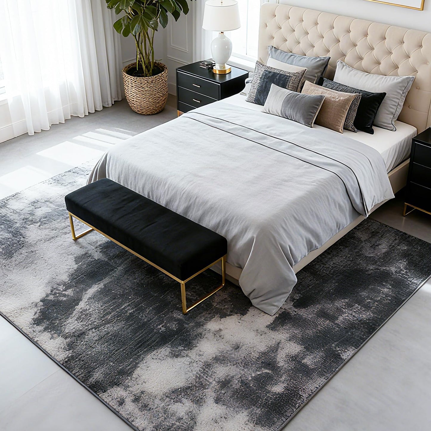TerradWafs Washable Area Rugs 5x7, Modern Abstract Rug for Living Room, Soft Low Pile Non Slip Rug for Bedroom, Indoor Floor Carpet for Dining Room Farmhouse Nursery Entryway Home Office-Black