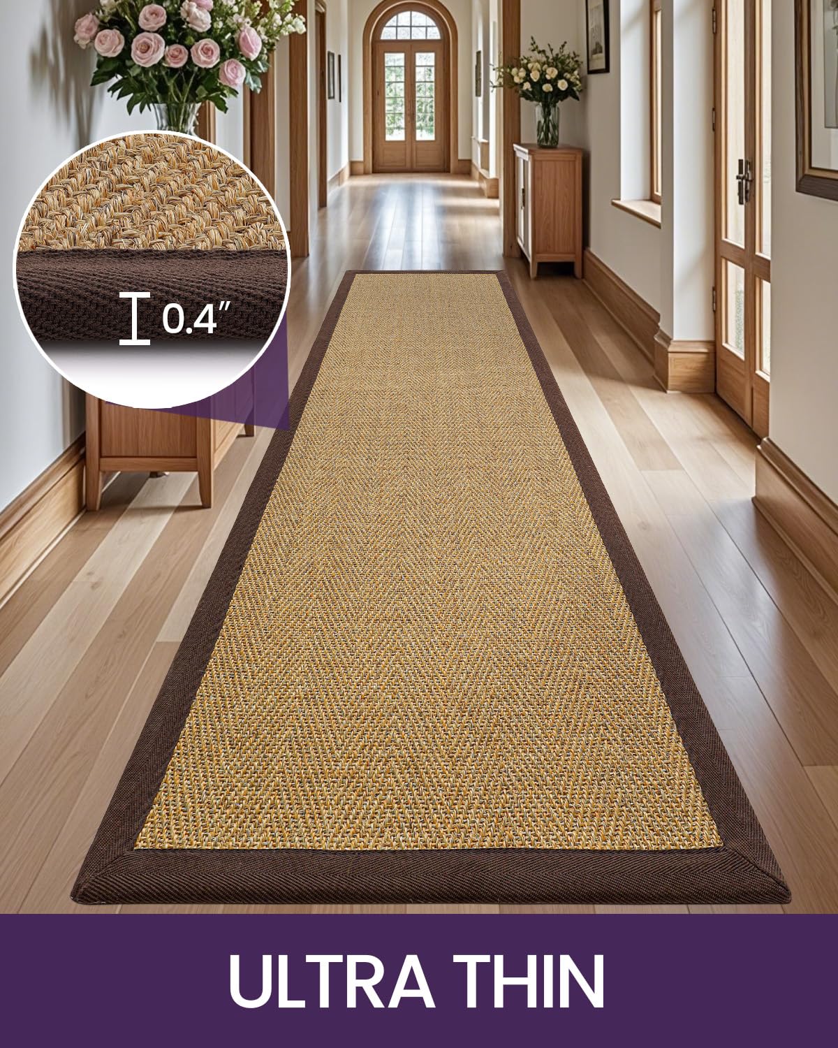 DEXI Jute Hallway Runner Rug 3x8, Woven Braided Natural Fiber Non Slip Runner Inside, Farmhouse Runners Carpet Indoor for Entryway Kitchen Luandry, Natural/Brown