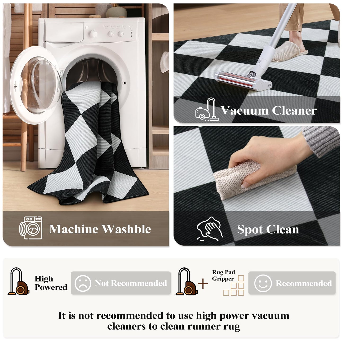 Beeiva Checkered Print Runners for Hallways 2.5x8, Ultra Thin Black Kitchen Runners Non Skid Washable 8 ft, Modern Diamond Stain Resistant Low Pile Carpet for Bathroom Entryway Bedroom Laundry