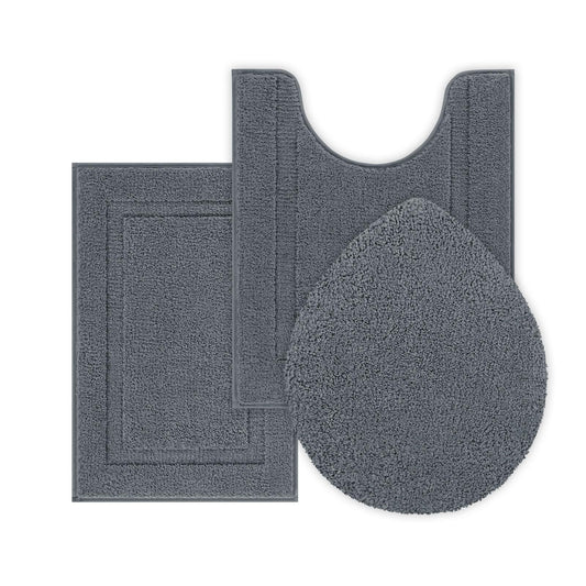 SHACOS Bathroom Rugs Sets 3 Piece with Toilet Lid Cover, 16"x24"Bath Mat and 20"x24" U-Shape Contoured Toilet Mat Machine Washable Shaggy Absorbent Bath Rugs(Dark Grey)