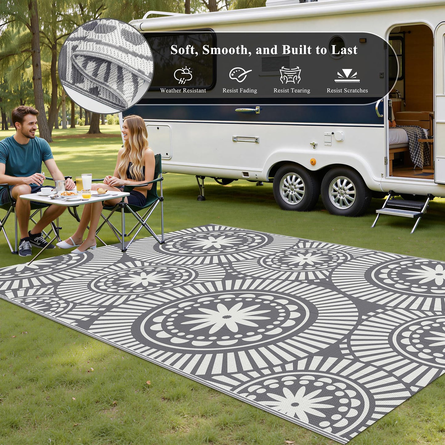 Ileading Outdoor Patio Rug Waterproof, Reversible Plastic Straw Mat, Grey Geometric Outside Carpet Quick Dry, Portable Area Rug for Deck Porch Balcony Camping RV (5×8 ft)