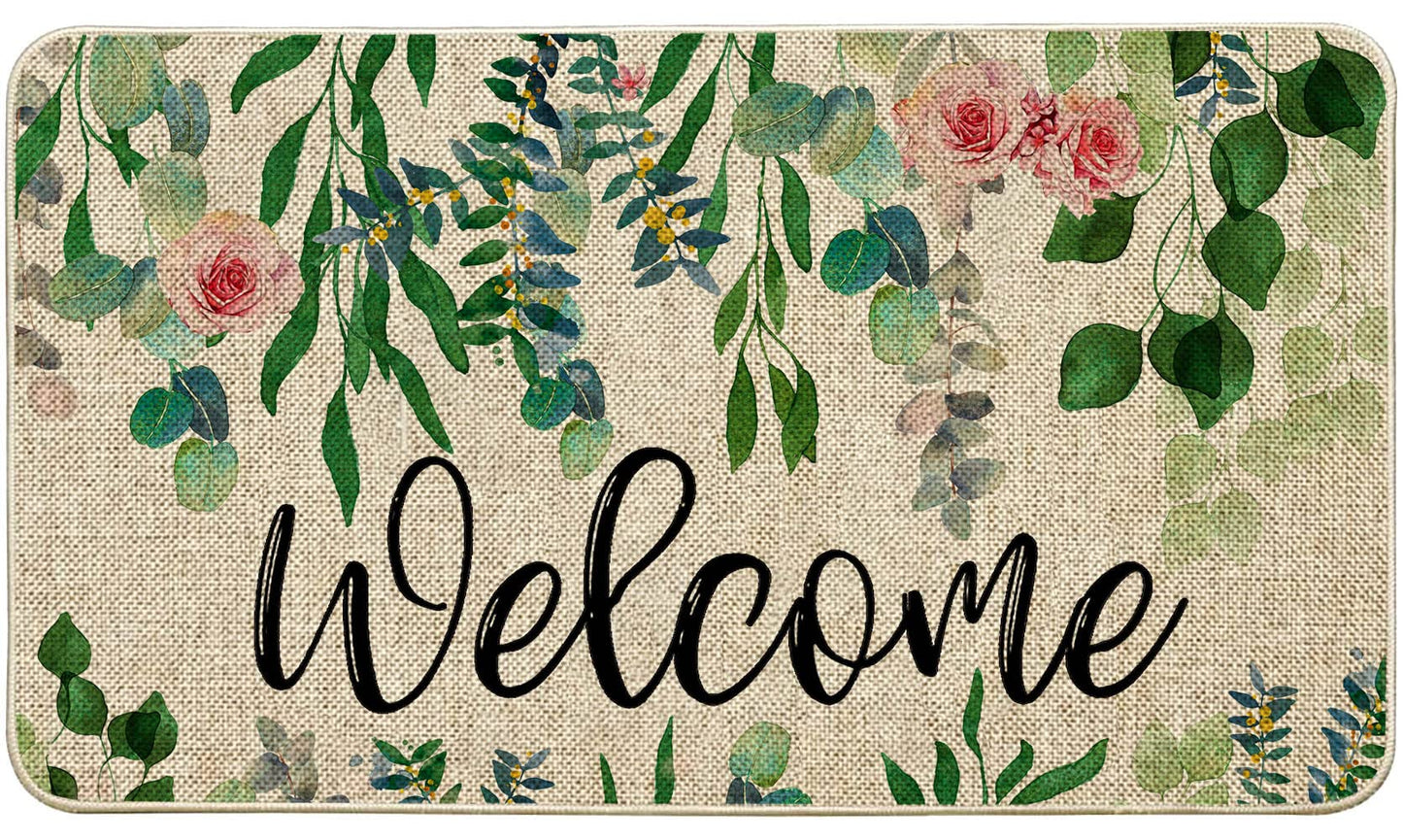 ORTIGIA Welcome Doormat Summer Eucalyptus Leaves Floral Doormat Outdoor Outside Indoor Entrance Mat Non-Slip Durable Absorbent Easy Clean Entryway 17x29 Inch