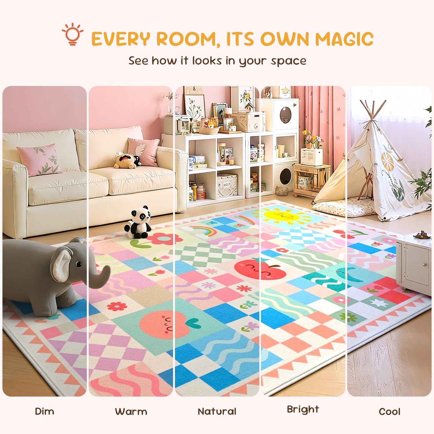 5x7 Washable Kid Bedroom Rug for Girls, Pink Baby Nursery Area Rug, Soft Non-Slip Toddler Playroom Carpet, Cute Colorful Strawberry Fruit Rainbow Checkered