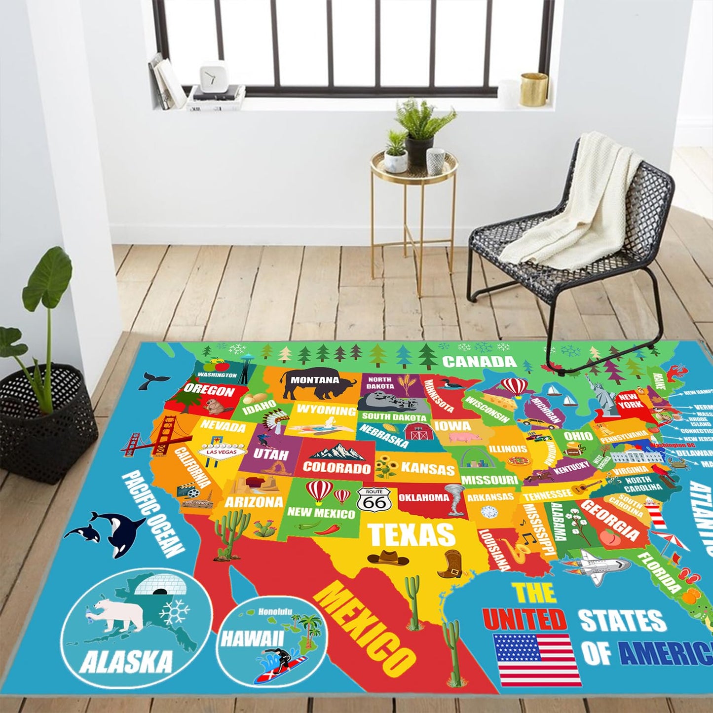 Kids Play Rug, USA United States Map Rugs Educational Play Mat Carpet Children Play Area Rug for Kids, Toddlers, Nursery, Classroom, Playroom, Baby Daycare