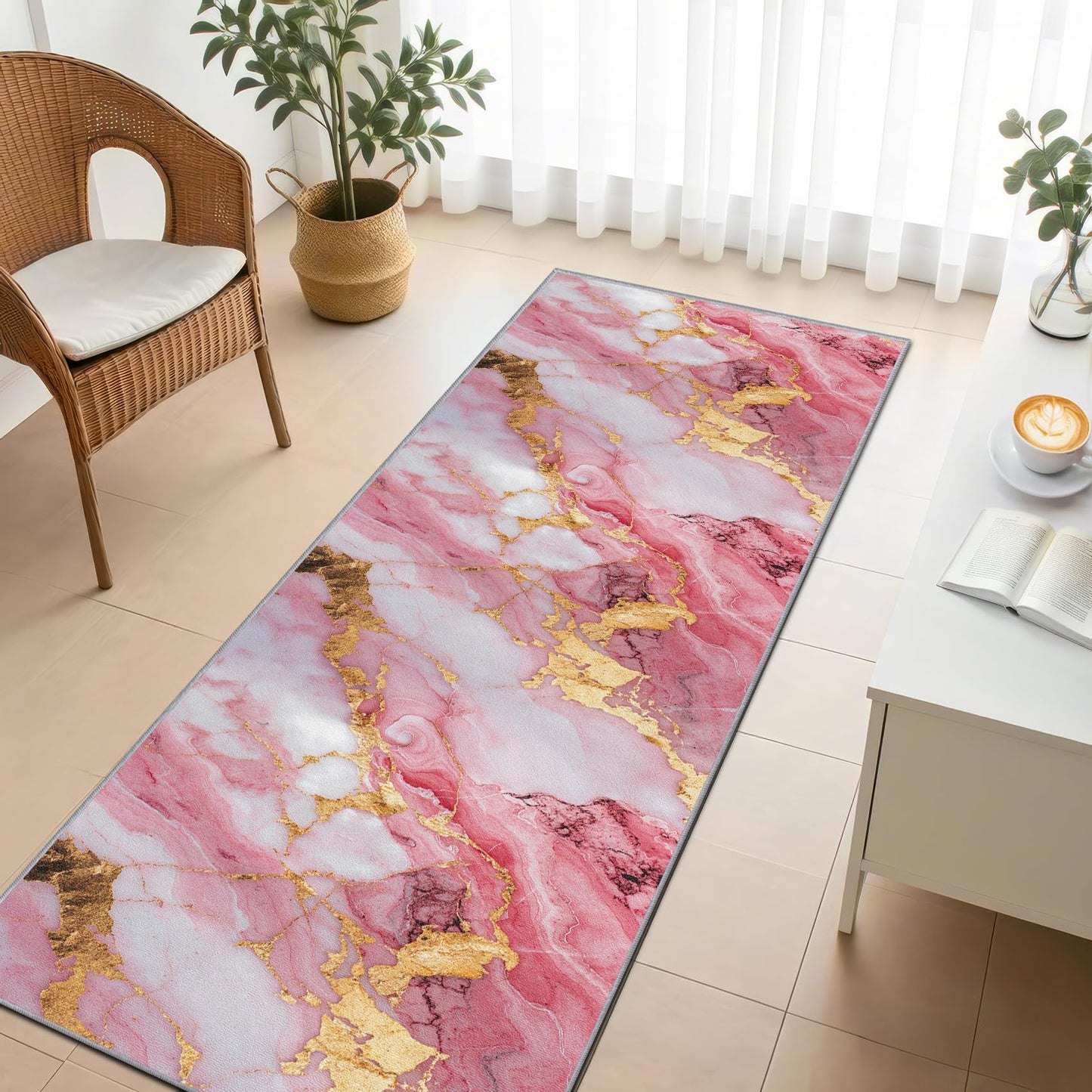 Yoozitrees Marble Runner Rug, 2x6ft, Pink White and Gold Runners for Hallways, Abstract Modern Luxury Runner Rug Non Slip Soft Home Decor