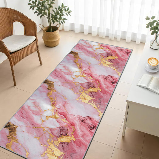 Yoozitrees Marble Runner Rug, 2x6ft, Pink White and Gold Runners for Hallways, Abstract Modern Luxury Runner Rug Non Slip Soft Home Decor