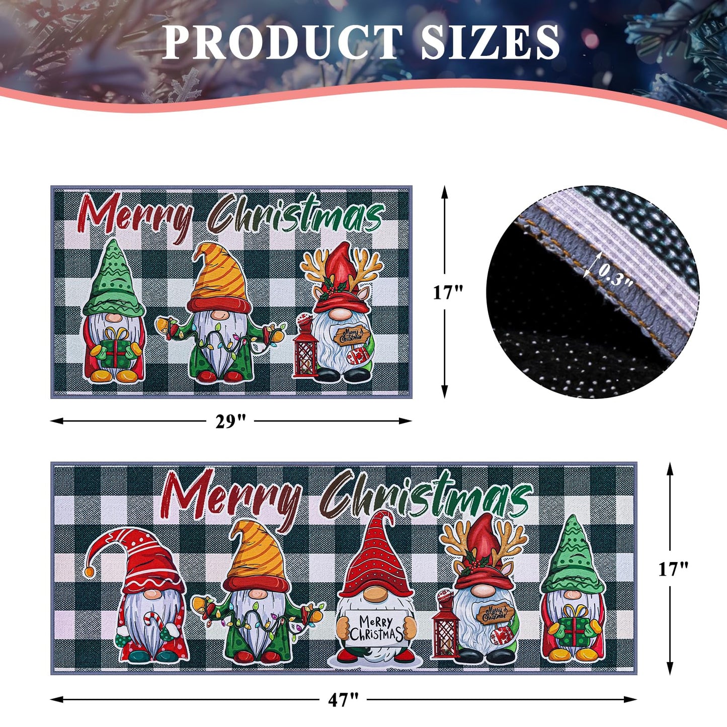 JSVSLTD Christmas Kitchen Rugs, Set of 2 Kitchen Floor Mat Christmas Decorations for Home, Non-Slip Anti Fatigue Kitchen Mats (17"x47"+17"x29", Gnome)