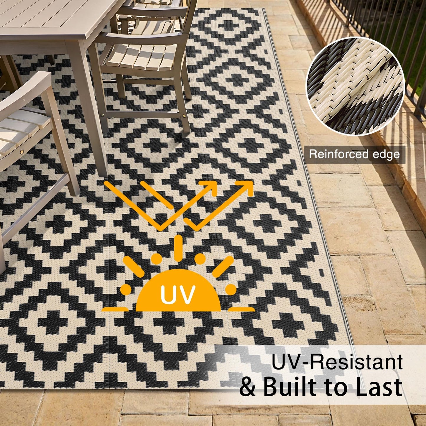 OLANLY Waterproof Outdoor Rug 5x8 ft, Outdoor Plastic Straw Rug for Camping, RV Mat Outside, Outdoor Carpet for Porch, Deck, Backyard, Balcony, Picnic, Black & Beige