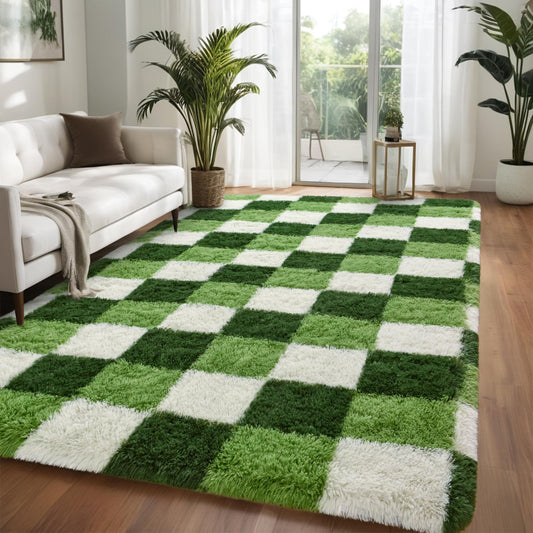 Nuttumico Modern Checkerboard Rug for Living Room Bedroom, 4x6 Ft Green Checkered Fluffy Carpet, Thickened Memory-Foam Area Rug for Kids Nursery Dorm, Home Decor, Anti-Slip and Easy to Clean