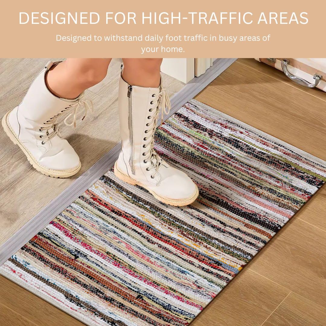 WeWove Hand Woven Chindi Rug Cotton - Boho Rustic Farmhouse Area Accent Throw Rug - Area Floor Carpet for Bedroom Living Room Kitchen Dorm Entryway Hallway - 20x32 inch Area Rug Pastel Multicolor