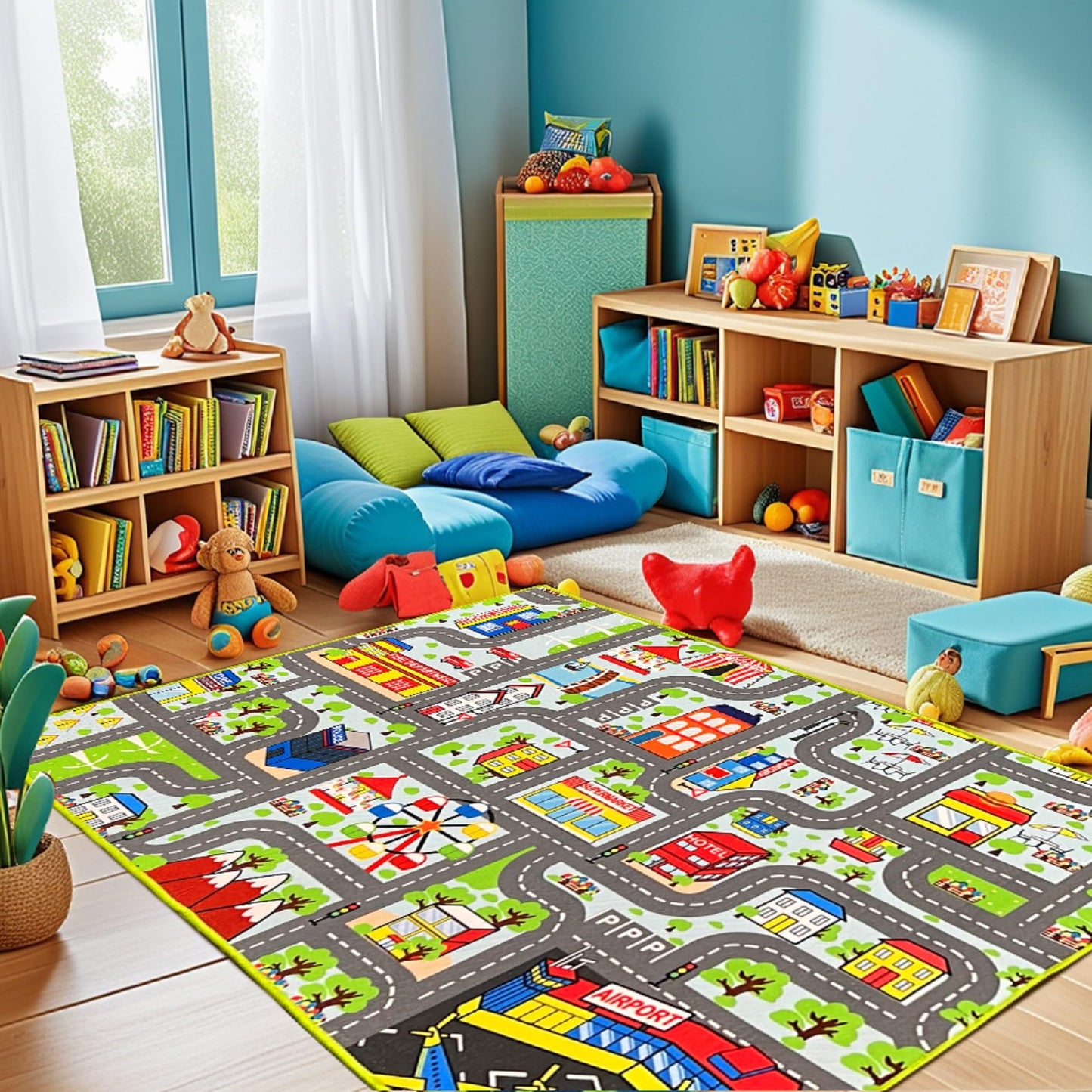 HBUFBUQ Car Rug 2.6x5 Feet - Road Carpet with Buildings & Supermarket Kids Play Rug for Plyroom City Rugs for Kids Play Activity