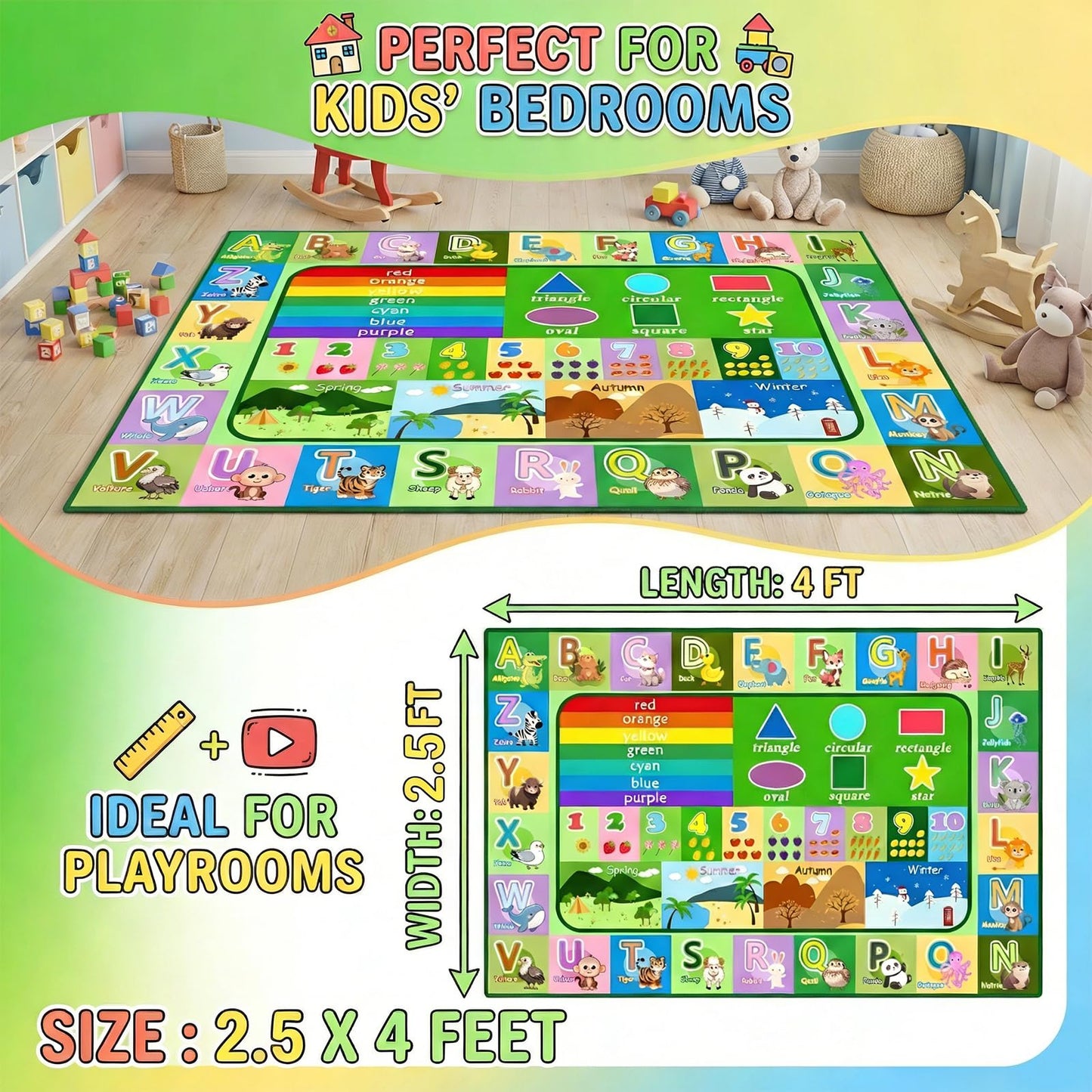 OGPJKEQR Kids Rug for Playroom Bedroom, 2.5x4 Feet Educational ABC Area Rug for Classroom Nursery, Non-Slip Alphabet Learning Carpet with Numbers Animals Seasons Fruits, Green Toddler Floor Mat