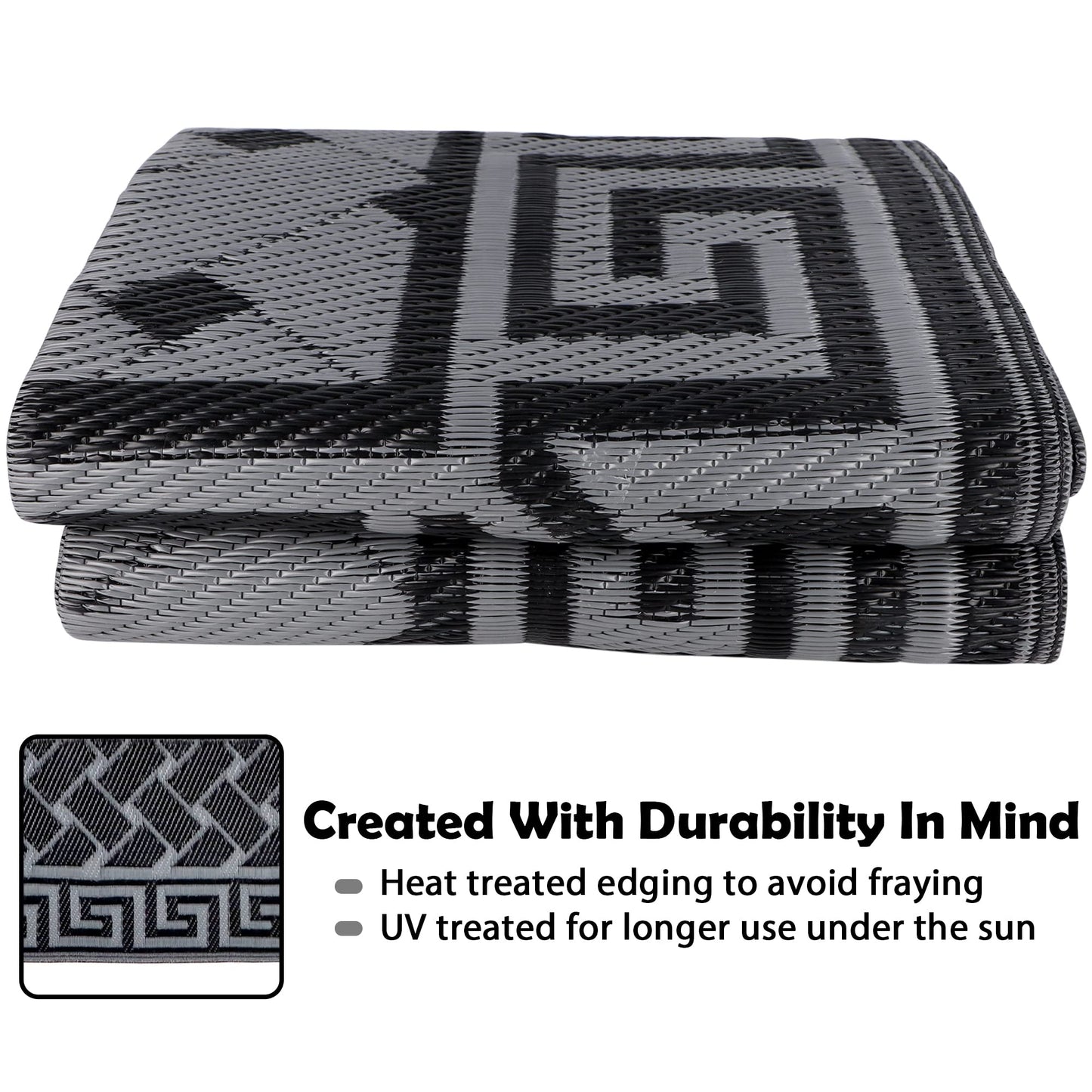 SAND MINE Reversible Mats, Plastic Straw Rug, Modern Area Rug, Large Floor Mat and Rug for Outdoors, RV, Patio, Backyard, Deck, Picnic, Beach, Trailer, Camping (4' x 6', Black & Grey)