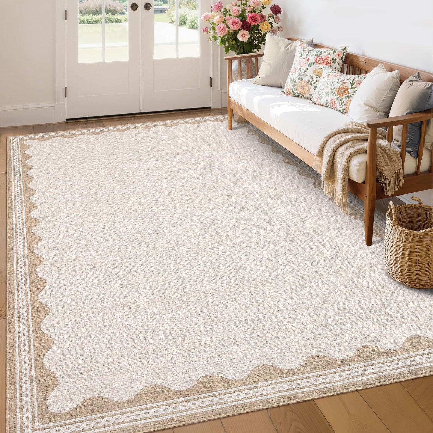 Garvee Entryway Rug 3x5 Washable Bordered Modern Rug Foldable Low Pile Stain-Resistant Carpet Ultra Soft Non Slip Lightweight Rugs Indoor Non-Shedding Mat for Kitchen Bedroom Nursery Entrance Beige