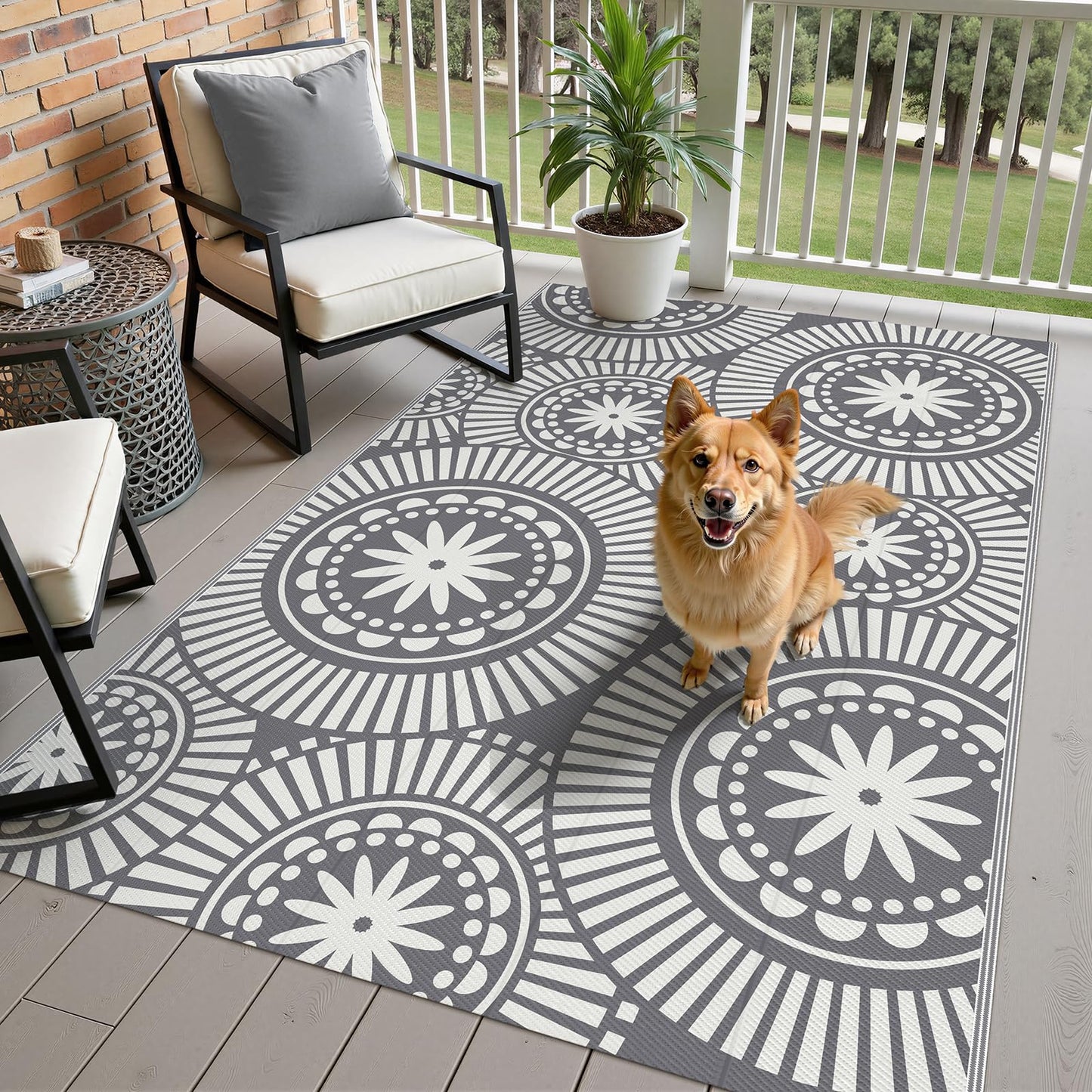 Ileading Outdoor Patio Rug Waterproof, Reversible Plastic Straw Mat, Grey Geometric Outside Carpet Quick Dry, Portable Area Rug for Deck Porch Balcony Camping RV (5×8 ft)