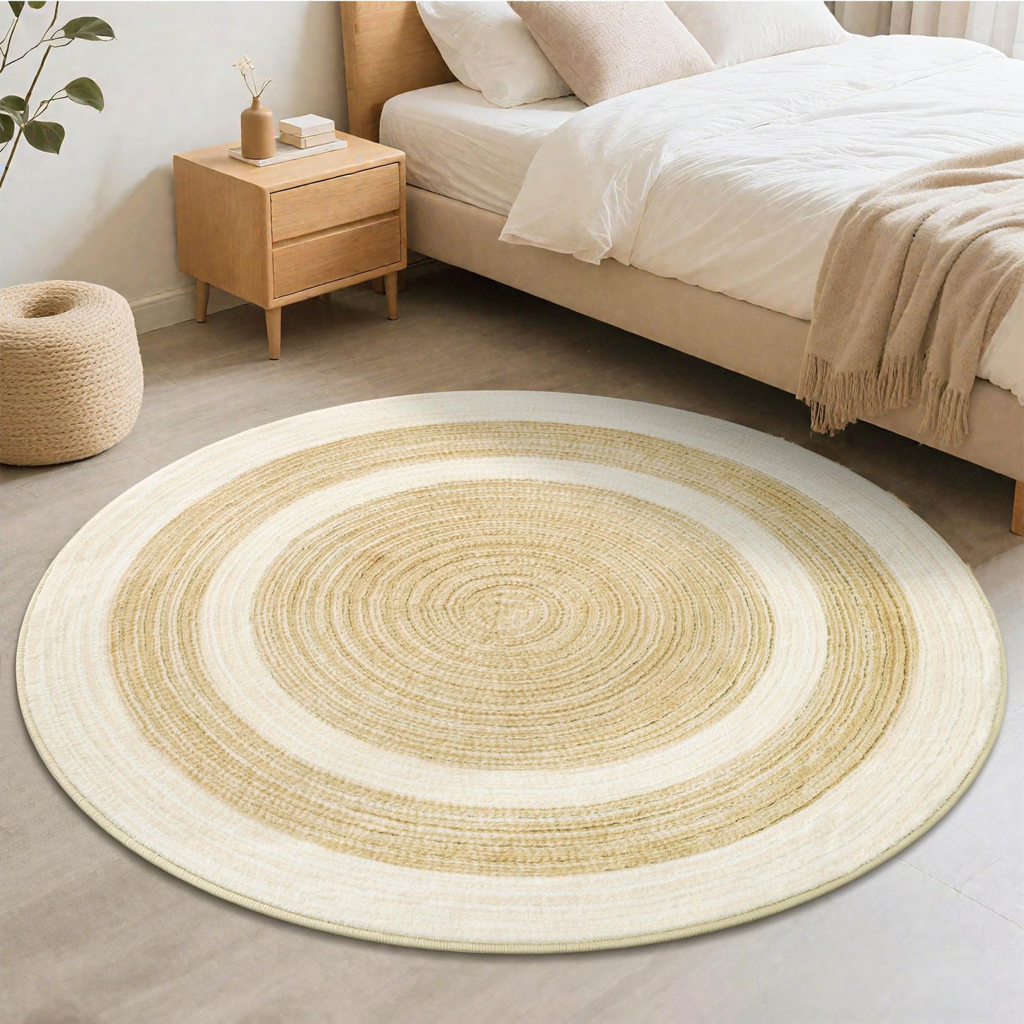 Carvapet Faux Jute Round Rug 5ft – Jute-Like Pattern Design Washable Low Pile Area Rug with Non-Slip Rubber Backing, Soft Natural Look Decorative Circle Carpet for Living Room