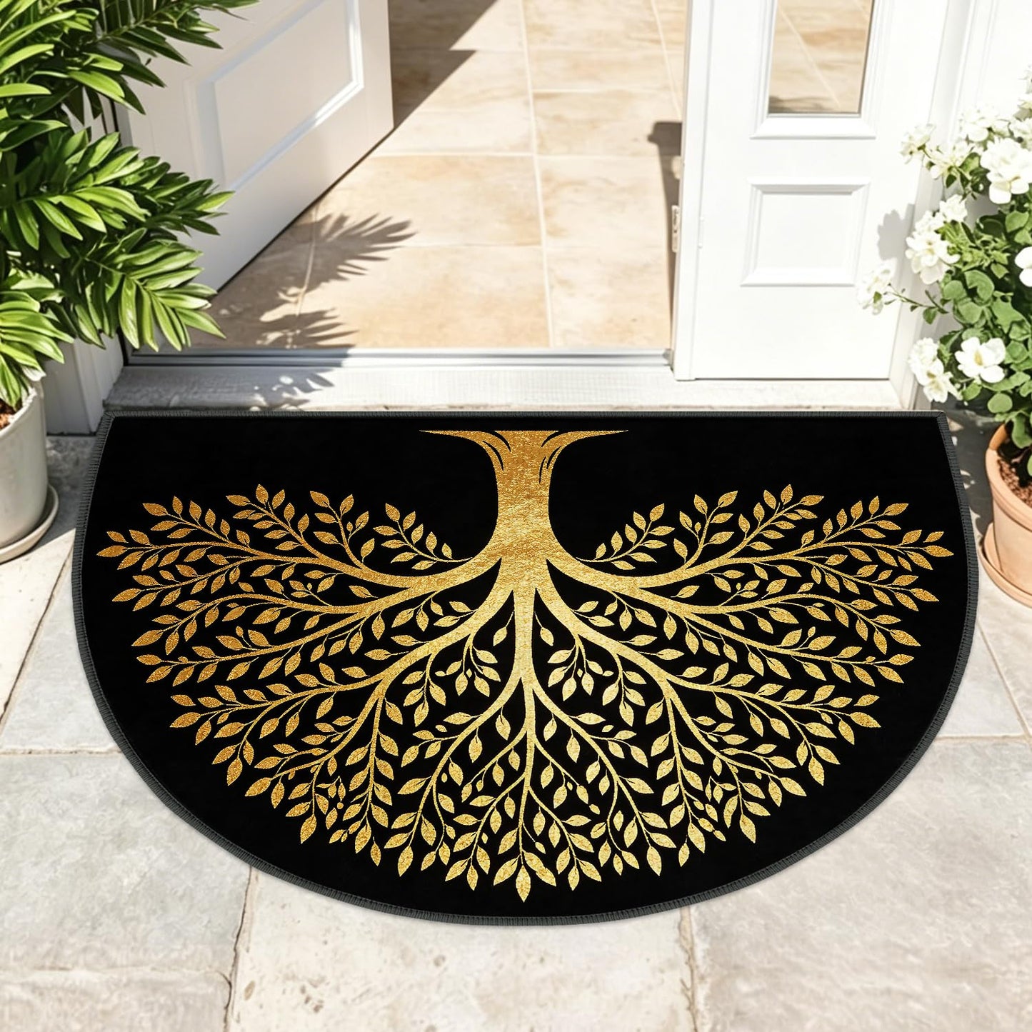 LEIWEIHOPE Golden Tree of Life Half Round Door Mat 24"x35.5" Low-Pile Ares Rug Non-Slip Absorbent Entrance Mat for Indoor Outdoor Front Door Semicircle Floor Mat for Kitchen Bathroom