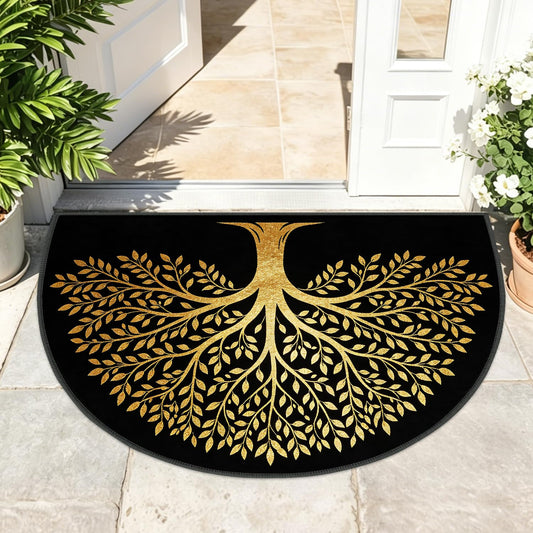 LEIWEIHOPE Golden Tree of Life Half Round Door Mat 24"x35.5" Low-Pile Ares Rug Non-Slip Absorbent Entrance Mat for Indoor Outdoor Front Door Semicircle Floor Mat for Kitchen Bathroom