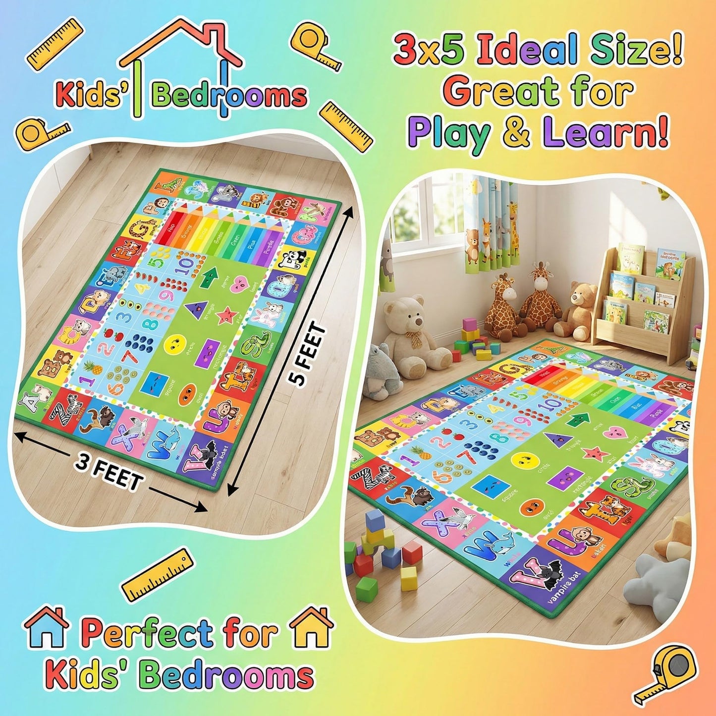 Wiero Kids Rug - 3x5 Feet ABC Rug for Playroom Nursery Educational Area Rugs with Alphabet Numbers Shapes Animals Children Play Mat for Bedroom Classroom Floor Decor