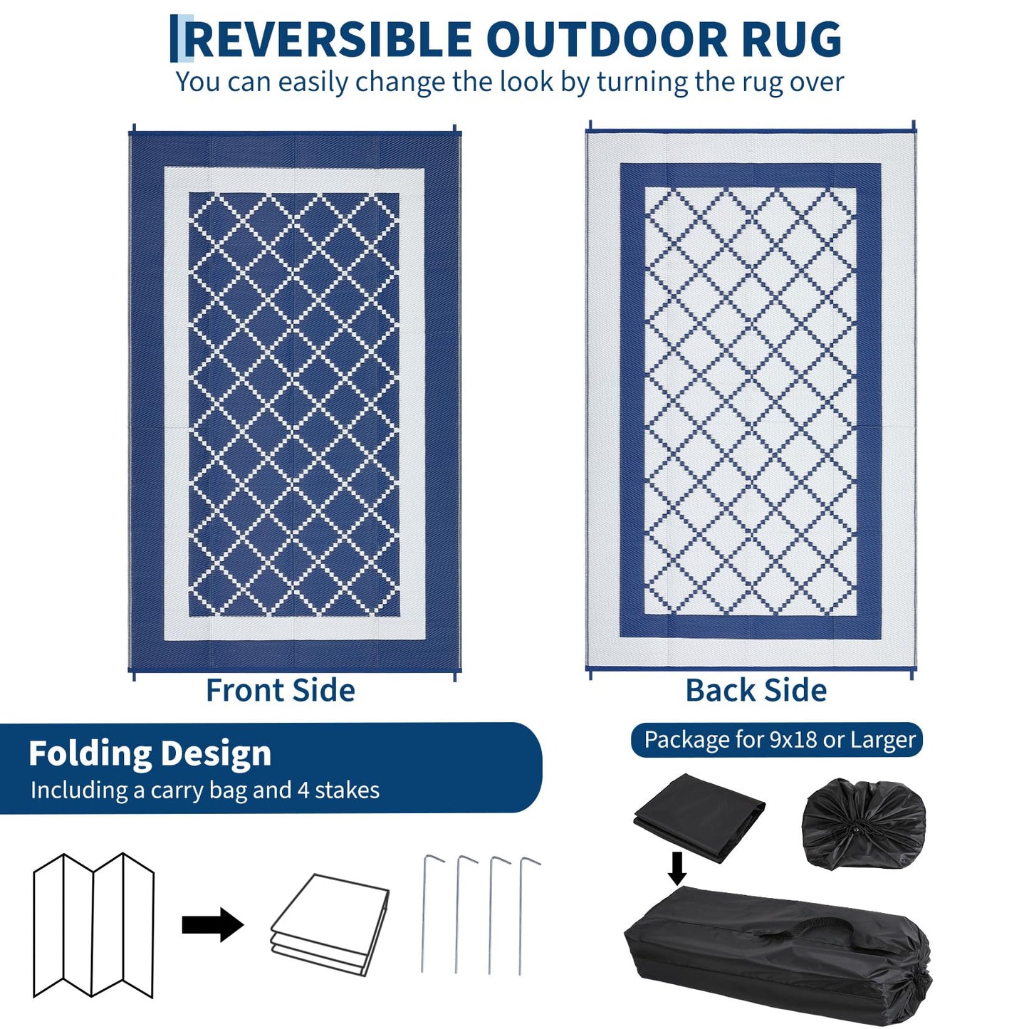 GAOMON Outdoor Plastic Straw Rug 9x18 Waterproof Patio Rug Reversible Camping Mat, Foldable Portable RV Picnic Carpet with Bag & 4 Stakes, UV Resistant Outside Carpet for Deck Balcony, Navy