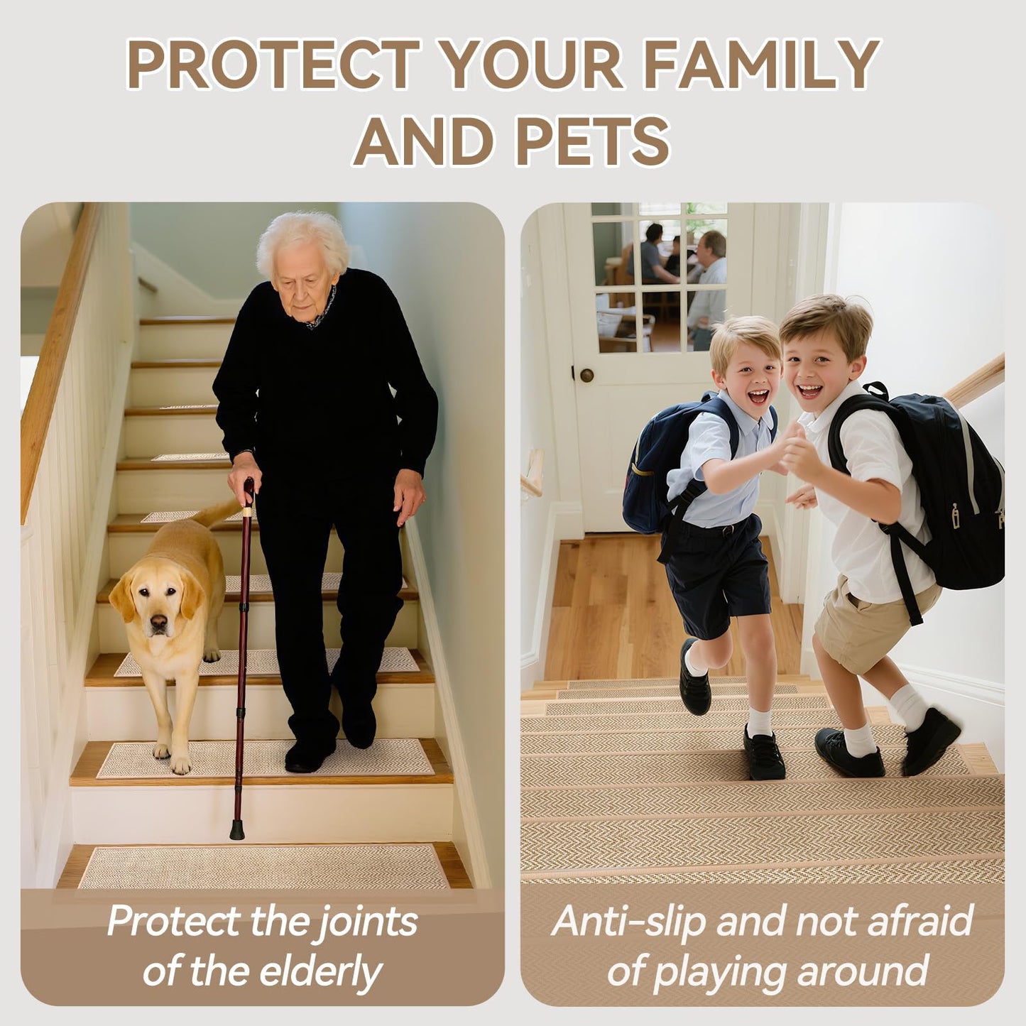 YDKGL Square Stair Treads Non Slip Indoor Wooden Steps Indoor, Peel and Stick Stair Runner Rugs, Reusable Adhesive Stair Carpet Treads Mat for Kids Elders Pets, Easy to Install, Beige 1 Pack 30" x 30"