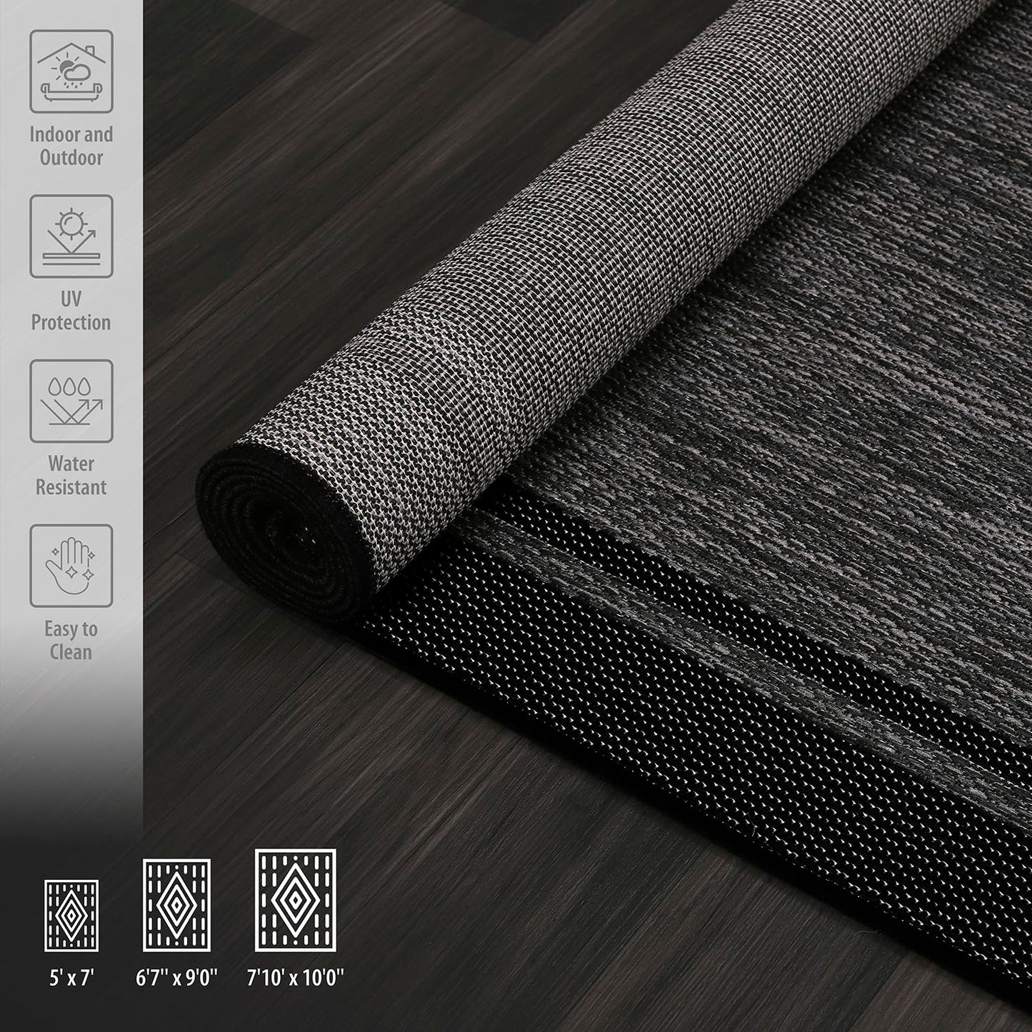 CAMILSON Indoor Outdoor Rug, 8x10 Bordered Dark Gray Black Modern Area Rugs for Indoor and Outdoor Patios, Kitchen and Hallway Mats, Washable Porch Deck Outside Carpet (Bordered Black, 8 x 10)