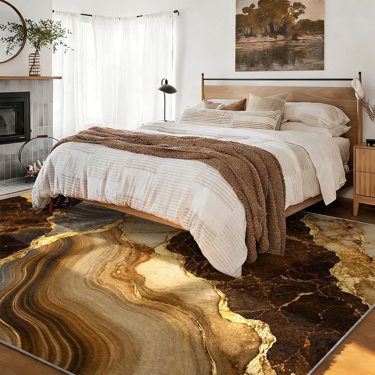 Earth Tone Brown Agate Marble Area Rug 3' x 4', Warm Beige Geode Printed Floor Carpet with Gold Accents, Non-Slip Low-Pile Washable Door Mat for Dining Room Kitchen Laundry Room Mudroom Farmhouse