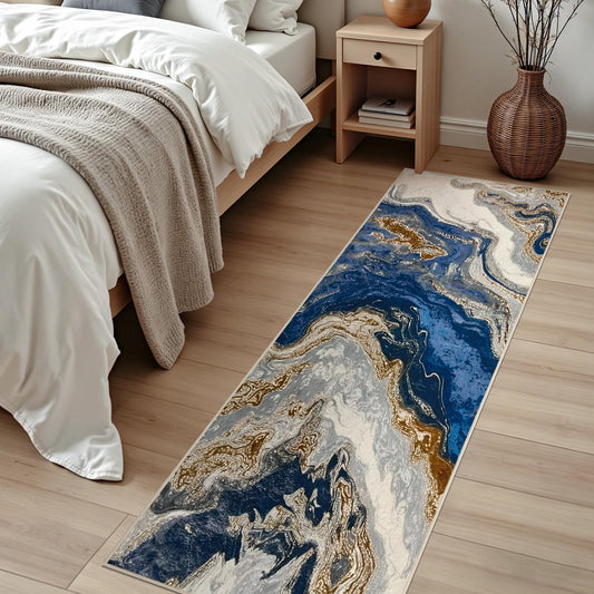 Joydeco Marble Swirl 2x6 Abstract Hallway Runner Rug, White&Blue&Gold