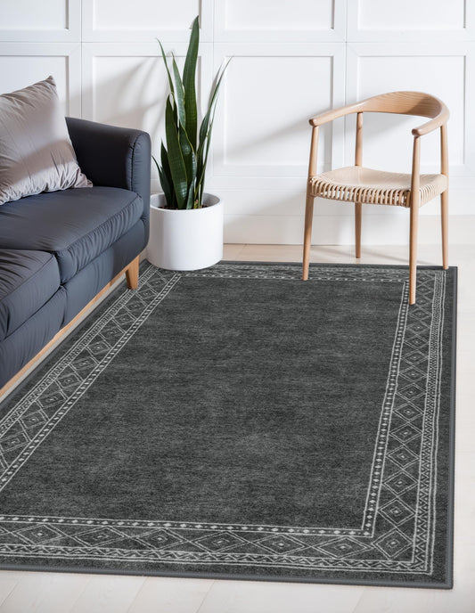 Lahome Modern Bordered Machine Washable Rug, Ultra-Thin Soft 3x5 Rugs for Bedroom Entryway Living Room, Non-Slip Stain Resistant Small Carpet for Laundry Entry（3'x 5',Gray