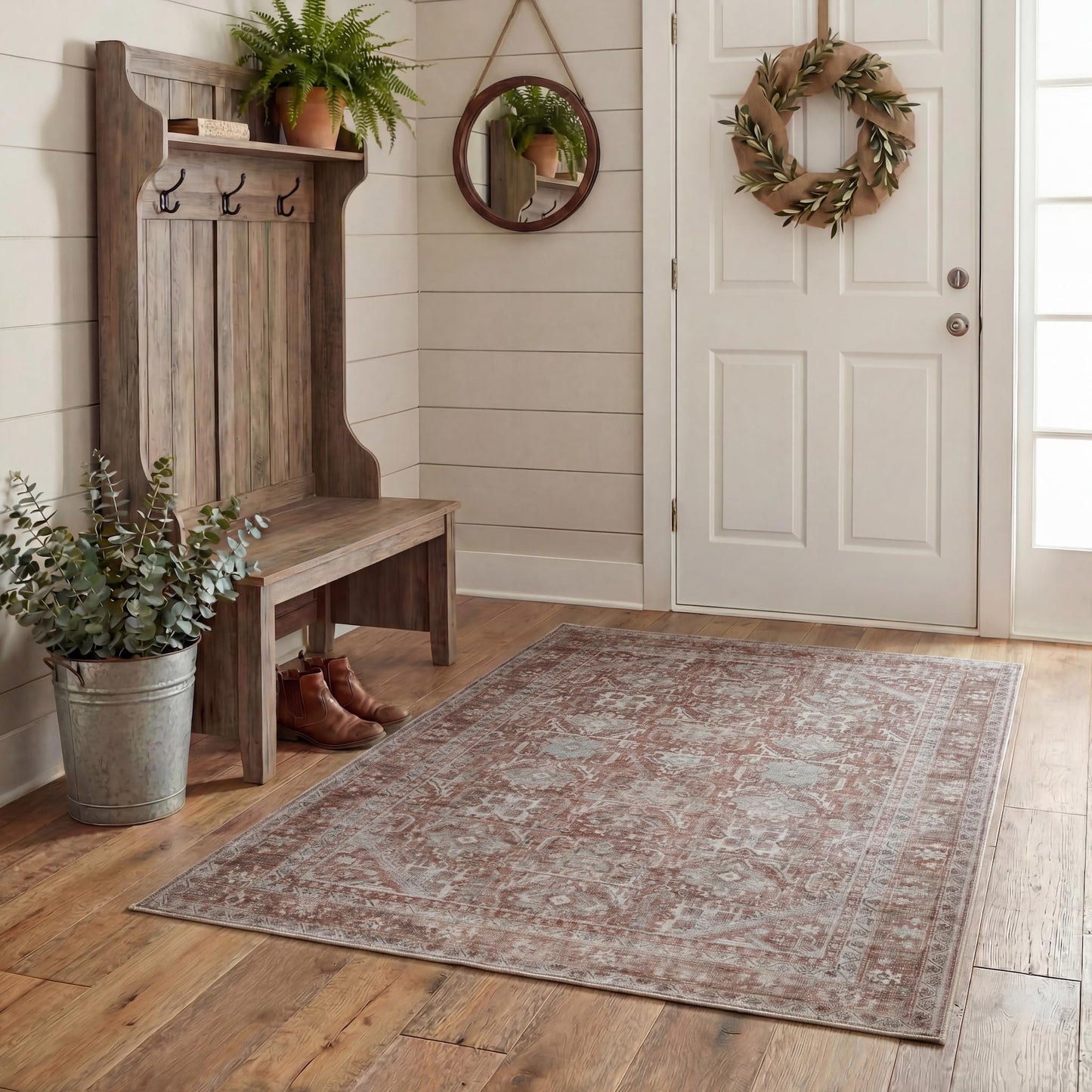 Kuden 4x6 Area Rug, Machine Washable Area Rug with Non-Slip Backing, Vintage Style, Soft, Easy Clean, Low Pile Rug for Living Room, Bedroom, Dining Room