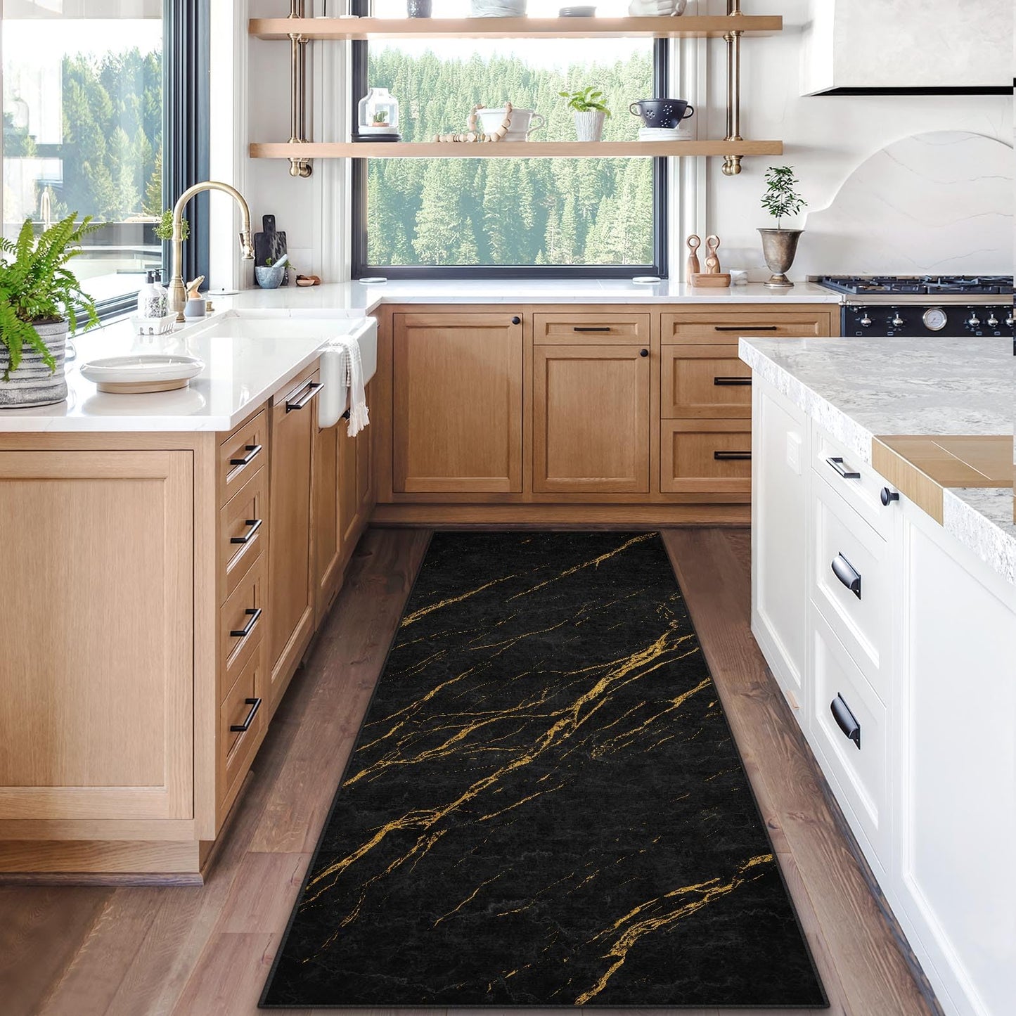 ArtSocket Area Rug Marble Black Gold Entry Runner Rug 2' x 6' Non-Slip Washable Indoor Door Mat Carpet for Bedroom Kitchen Entryway Laundry Living Home Decor