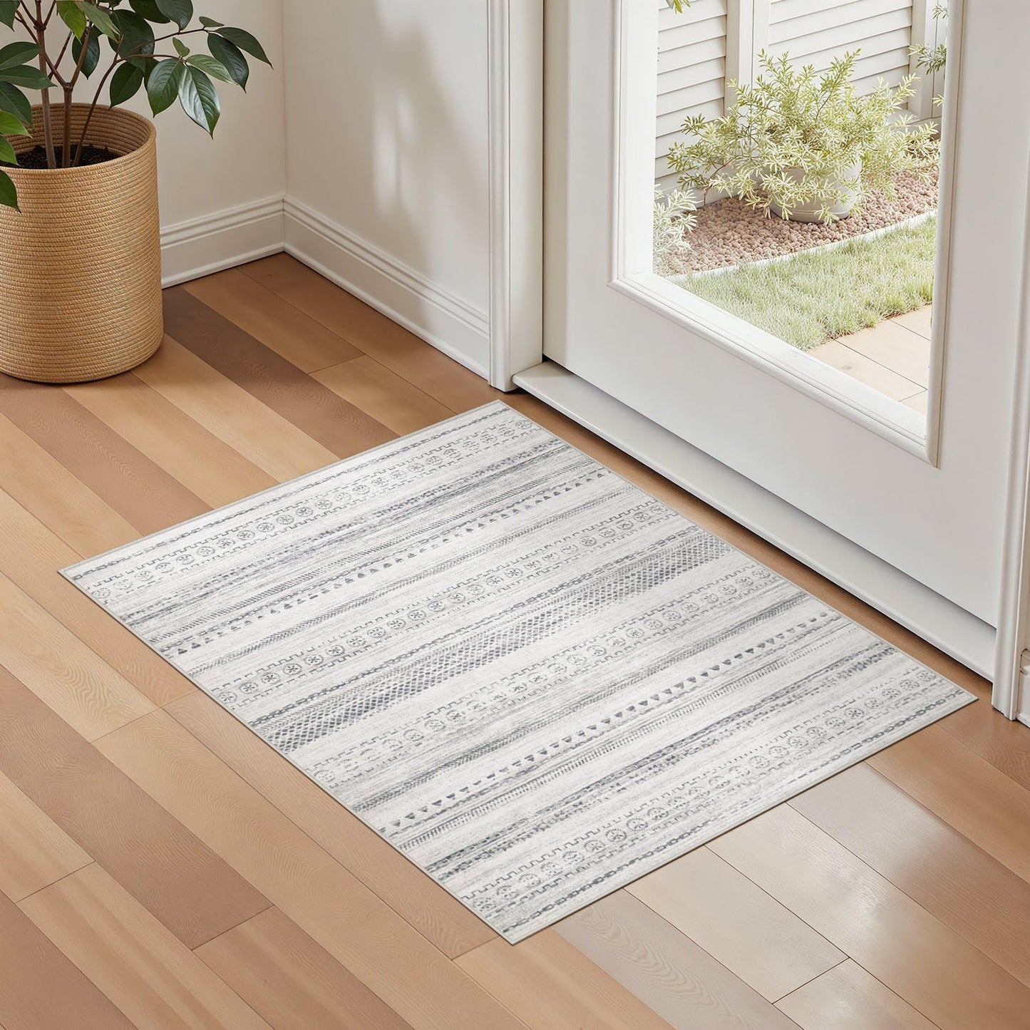 kakania 2x3 Washable Entryway Rug: Non Slip Soft Thin Small Rug, Boho Geometric Modern Decor, Easy Clean Indoor Floor Door Mat for Kitchen Bedroom Dorm Bathroom - Grey