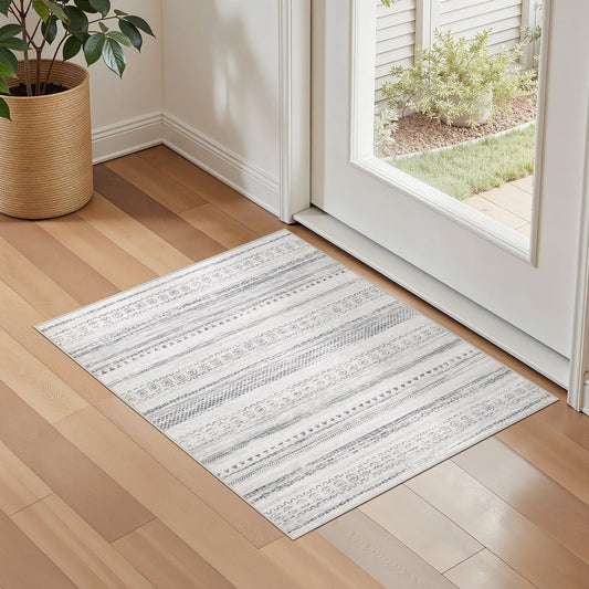 kakania 2x3 Washable Entryway Rug: Non Slip Soft Thin Small Rug, Boho Geometric Modern Decor, Easy Clean Indoor Floor Door Mat for Kitchen Bedroom Dorm Bathroom - Grey