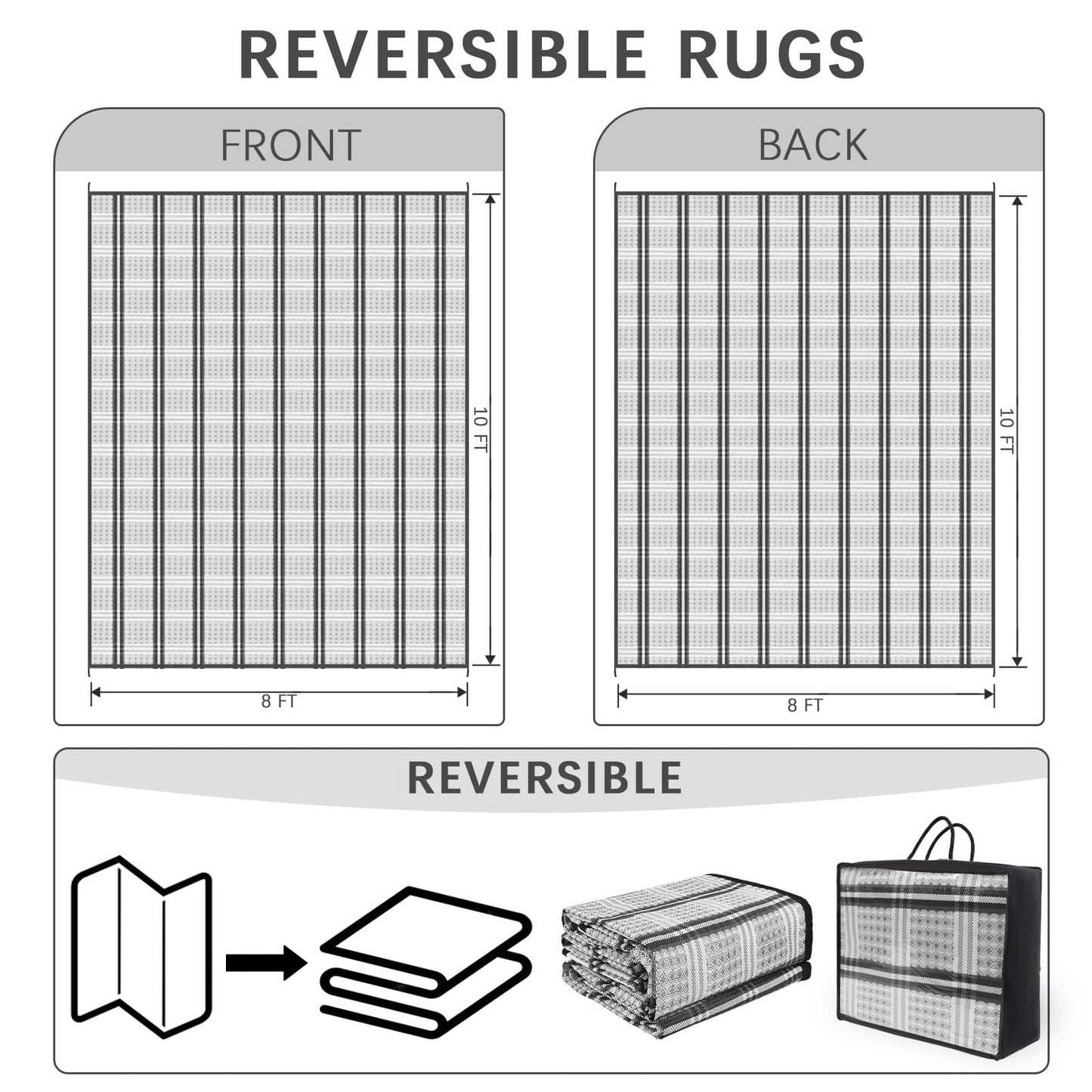 KANAGAWA Outdoor Rug Waterproof, 8x10 ft Reversible Plastic Straw Braid Rug Outdoor Carpet RV Mat for Patio, Porch, Picnic, Balcony, Deck, Backyard, Grey & White